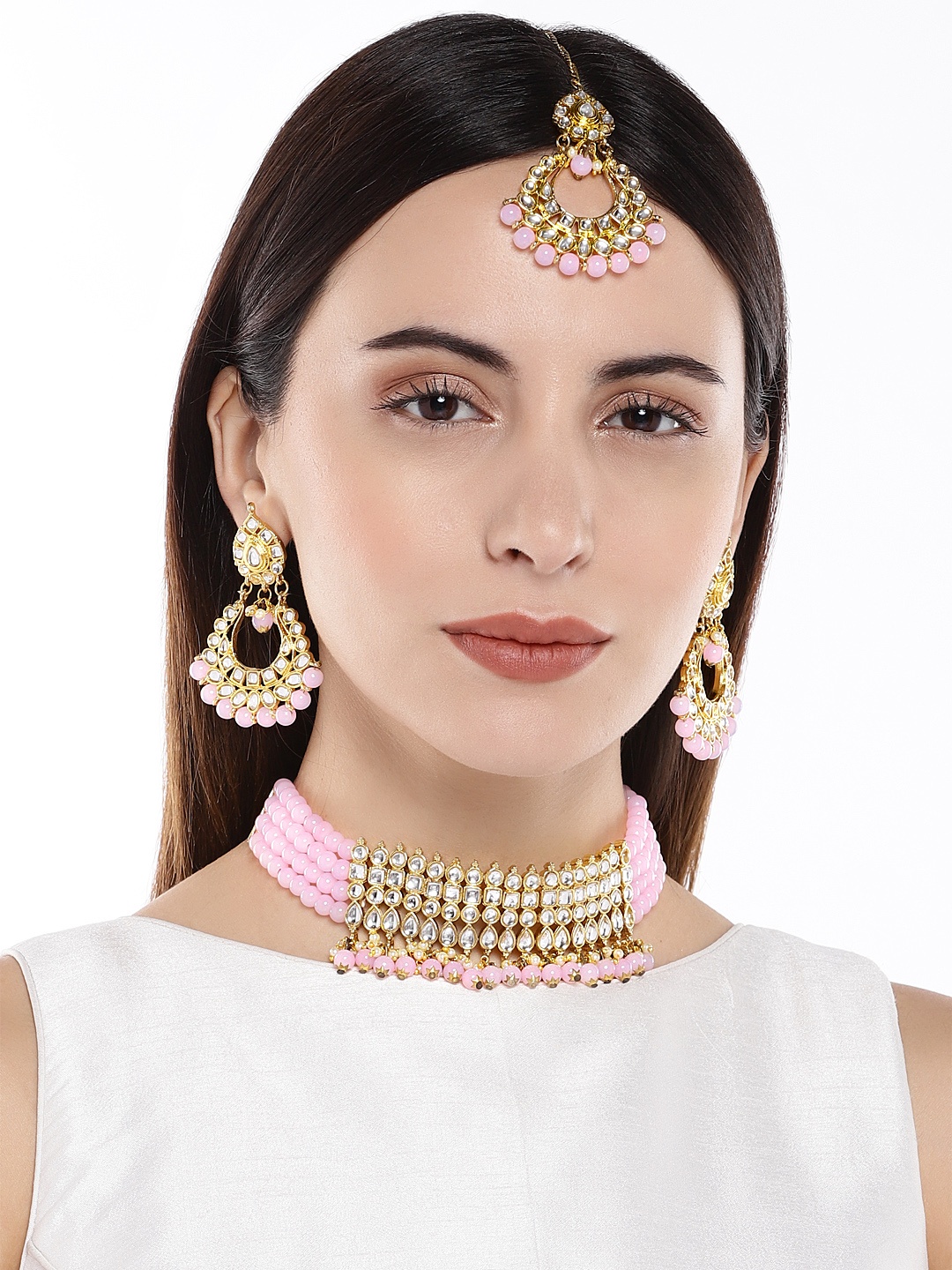 

AccessHer Pink Gold-Toned Kundan Beads Choker Jewellery Set