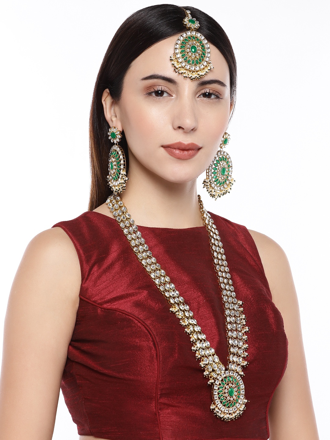 

AccessHer Gold-Toned Kundan, Pearls & Emarald Long Bridal Jewellery set
