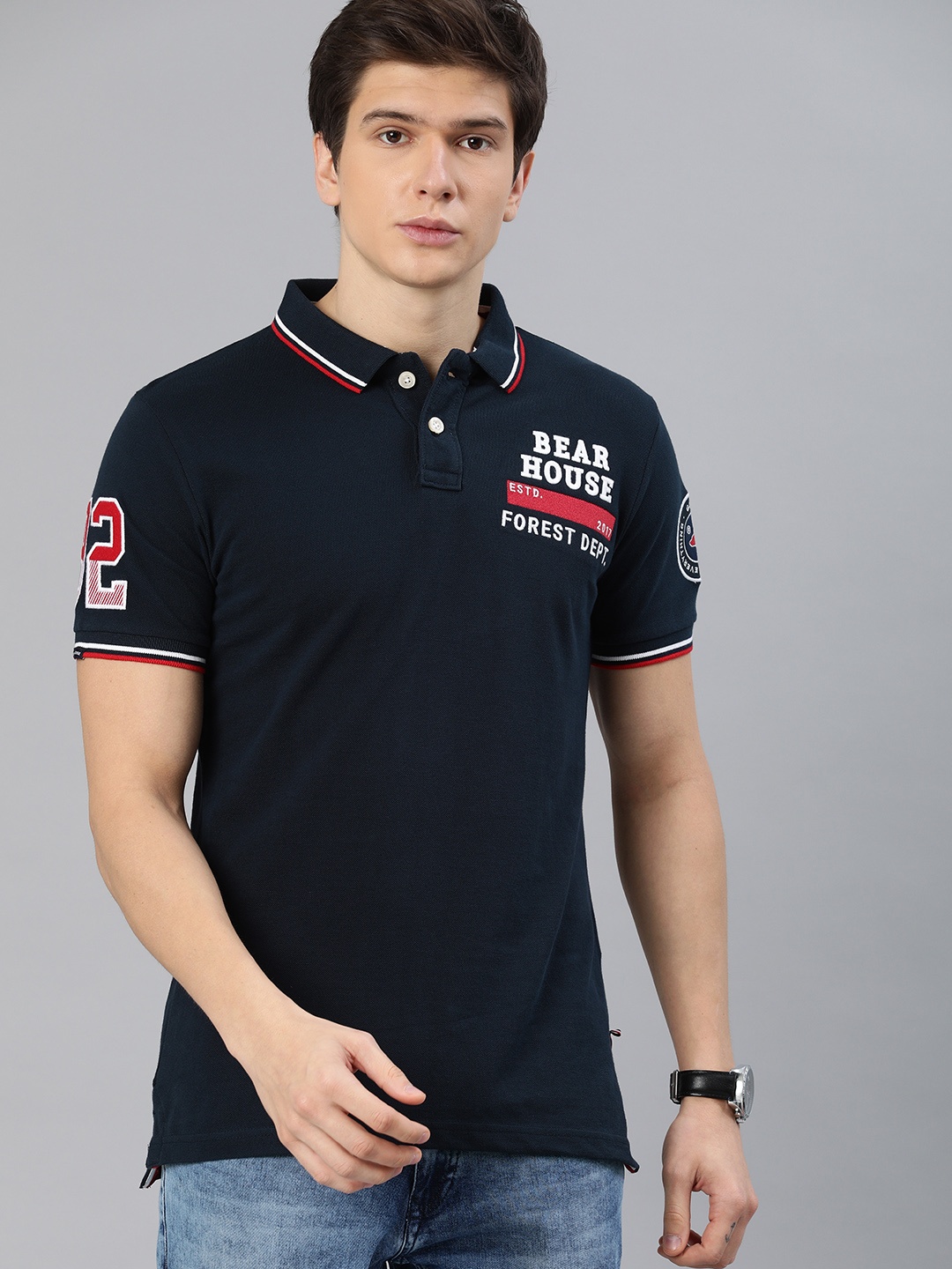 

THE BEAR HOUSE Men Navy Blue Solid Slim Fit Polo Collar Embroidered Pure Cotton T-shirt