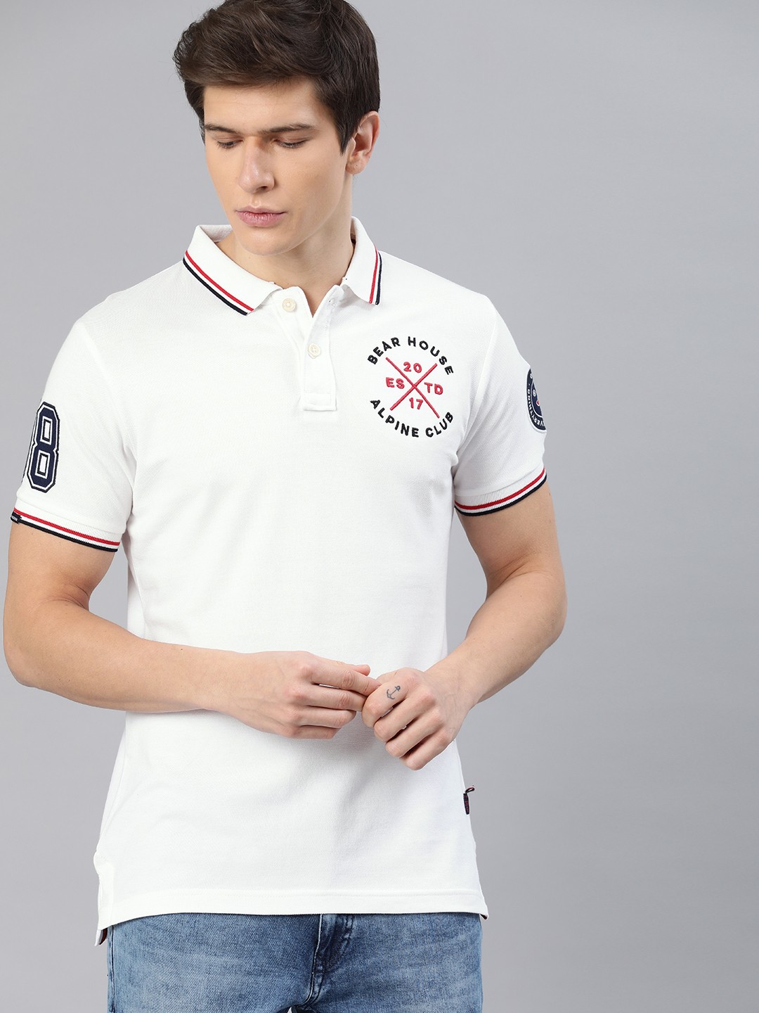 

THE BEAR HOUSE Men White Solid Slim Fit Polo Collar Embroidered Pure Cotton T-shirt