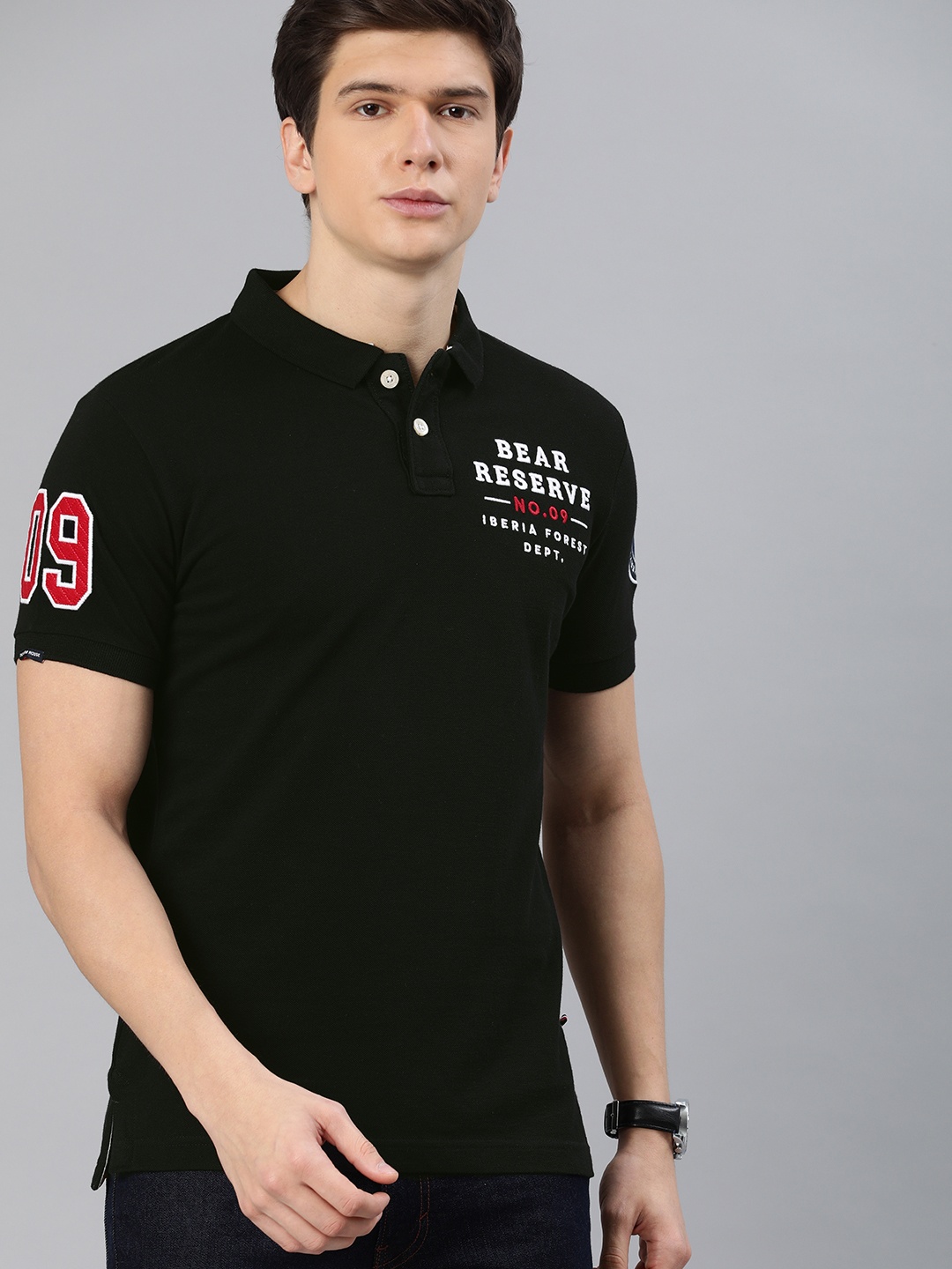 

THE BEAR HOUSE Men Black Solid Slim Fit Polo Collar Embroidered Pure Cotton T-shirt