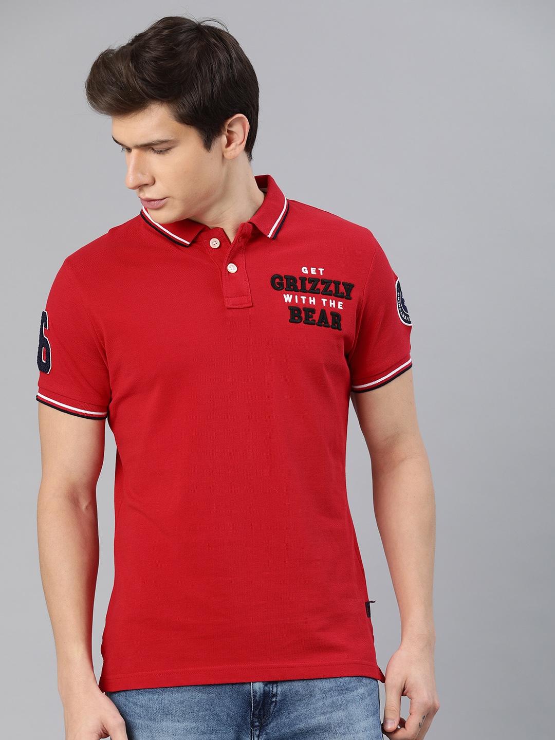 

THE BEAR HOUSE Men Red Solid Slim Fit Polo Collar Pure Cotton T-shirt