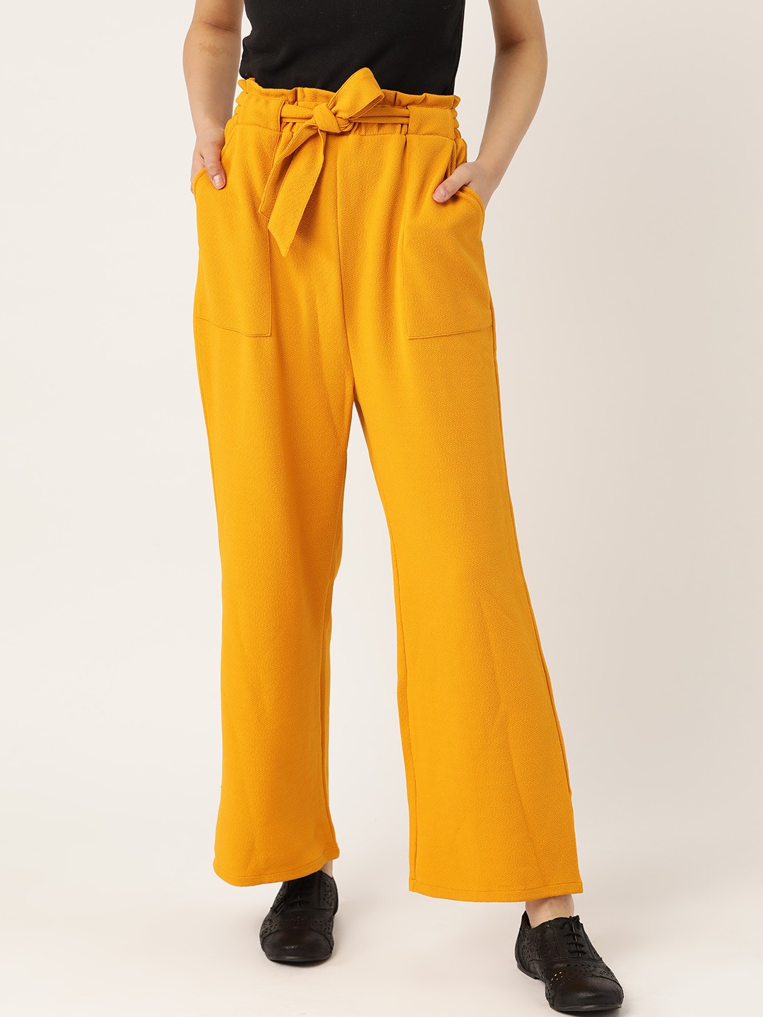 

Trend Arrest Women Mustard Yellow Regular Fit Self Design Parallel Trousers With Belt