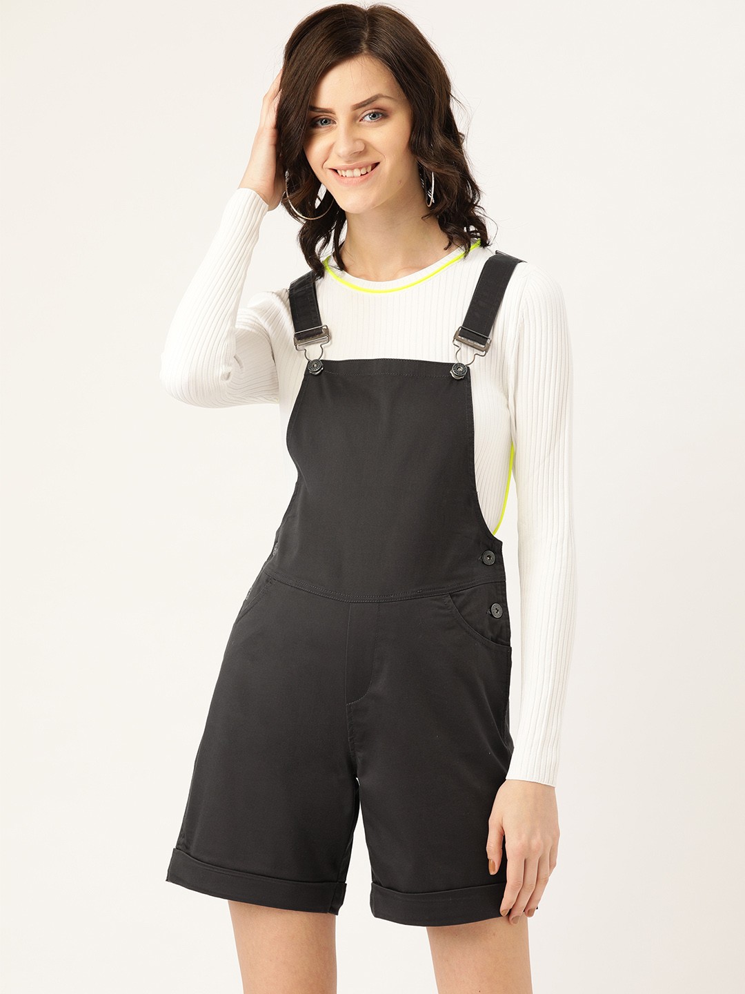 

urSense Women Charcoal Grey Slim Fit Solid Dungarees