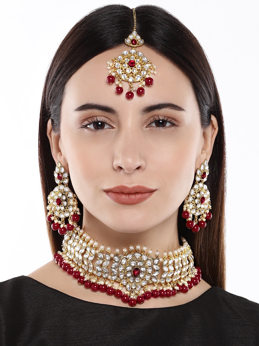 

AccessHer Gold-Toned Kundan Pearls Ruby Choker Jewellery Set