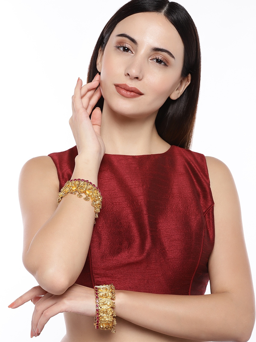 

AccessHer Set of 2 Indian Figures Ruby Stone Studded Gold-Plated Bangles