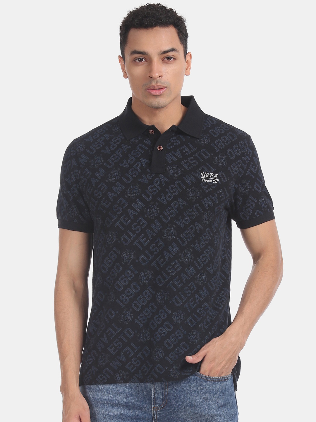 

U.S. Polo Assn. Denim Co. Men Navy Blue Printed Polo Collar T-shirt