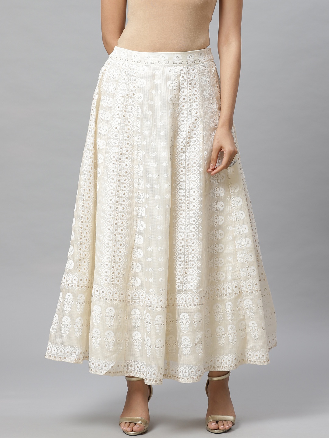 

W Off-White & Golden Printed Flared Maxi Skirt