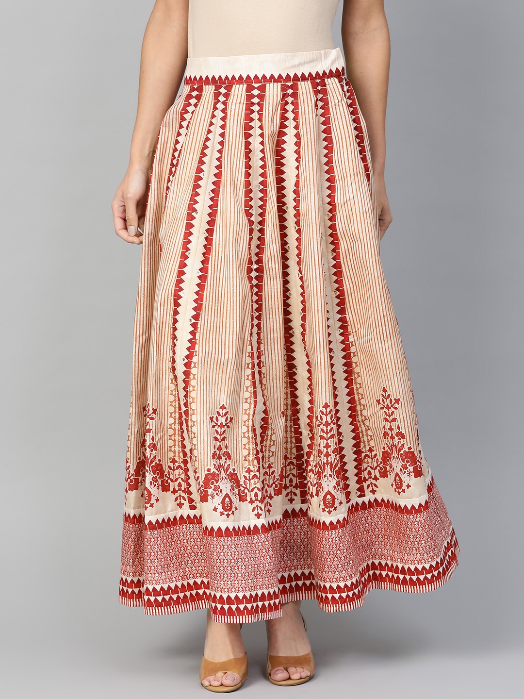 

W Women Cream-Coloured & Maroon Printed Maxi A-Line Skirt