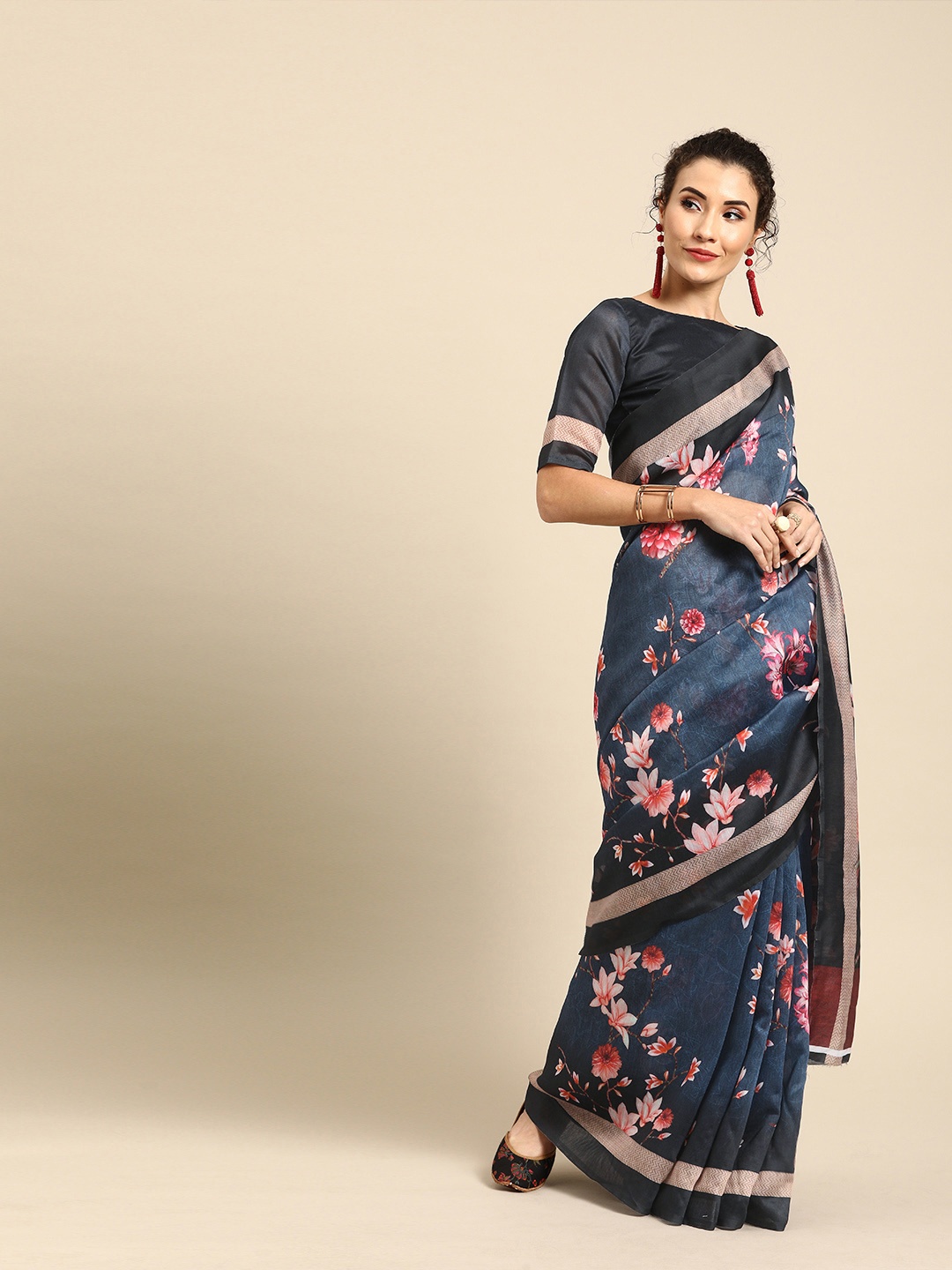 

Saree mall Navy Blue & Peach-Coloured Art Silk Printed Saree