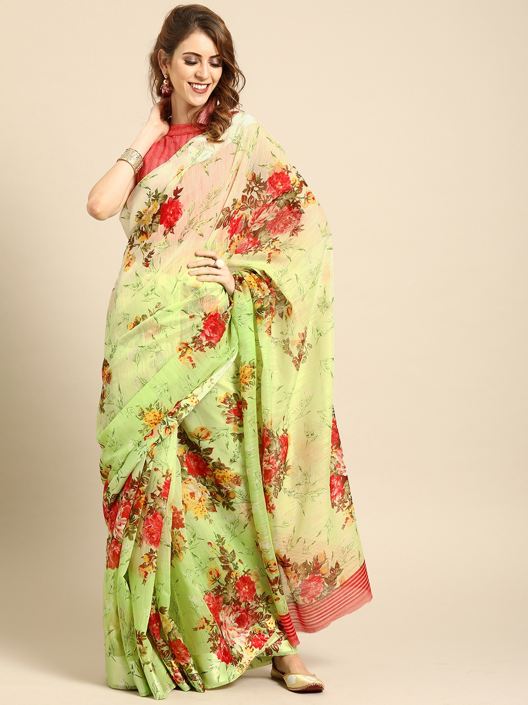 

Saree mall Green & Red Cotton Blend Printed Saree