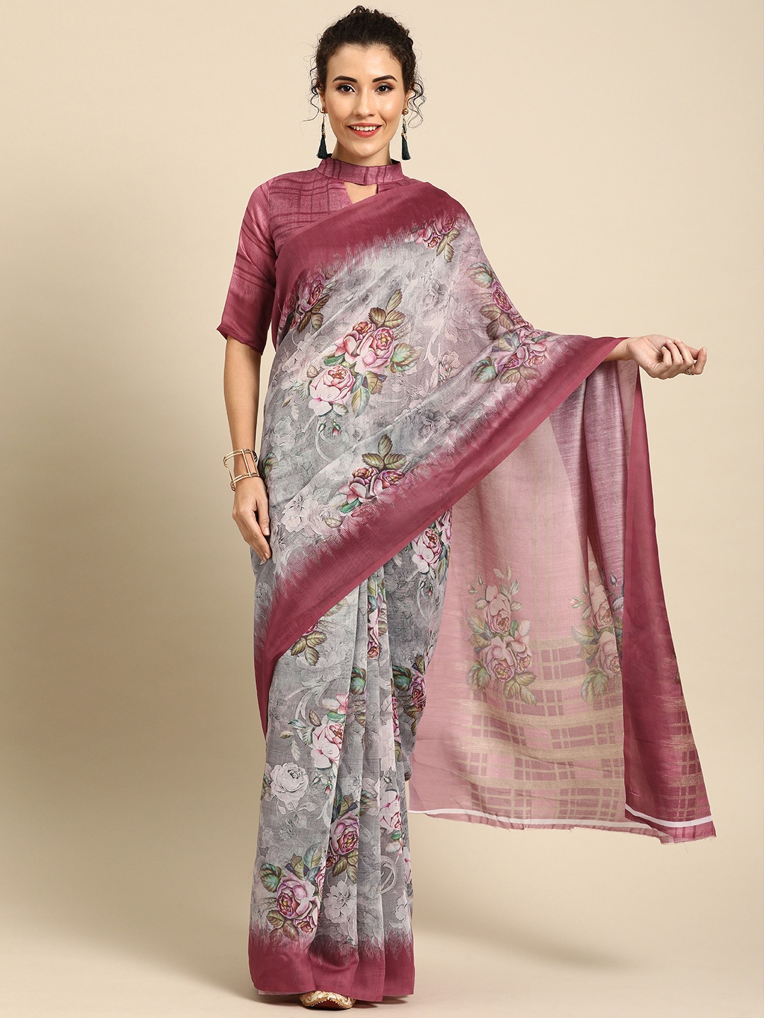 

Saree mall Grey & Pink Art Silk Printed Saree