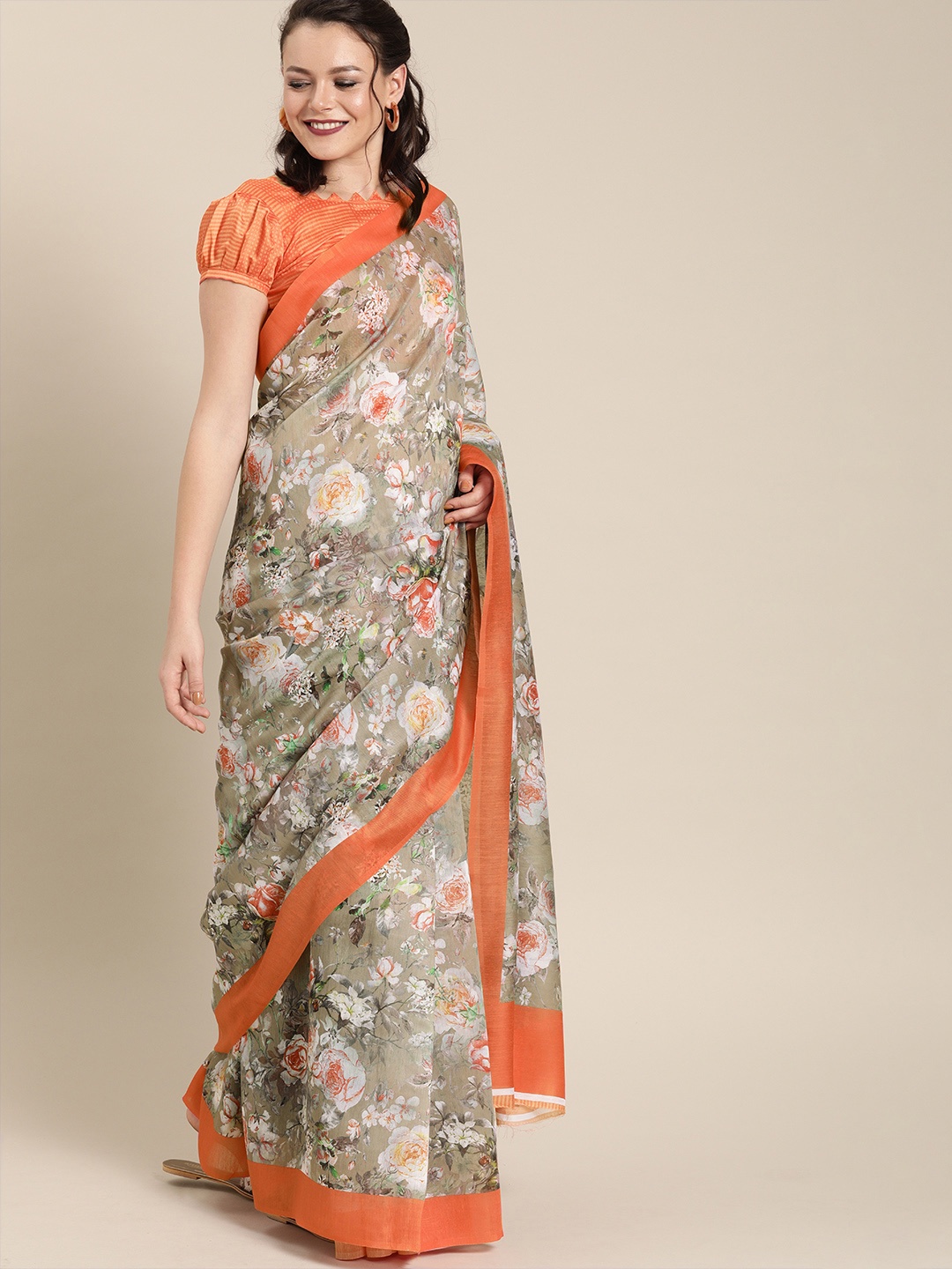 

Saree mall Grey & Orange Art Silk Printed Saree