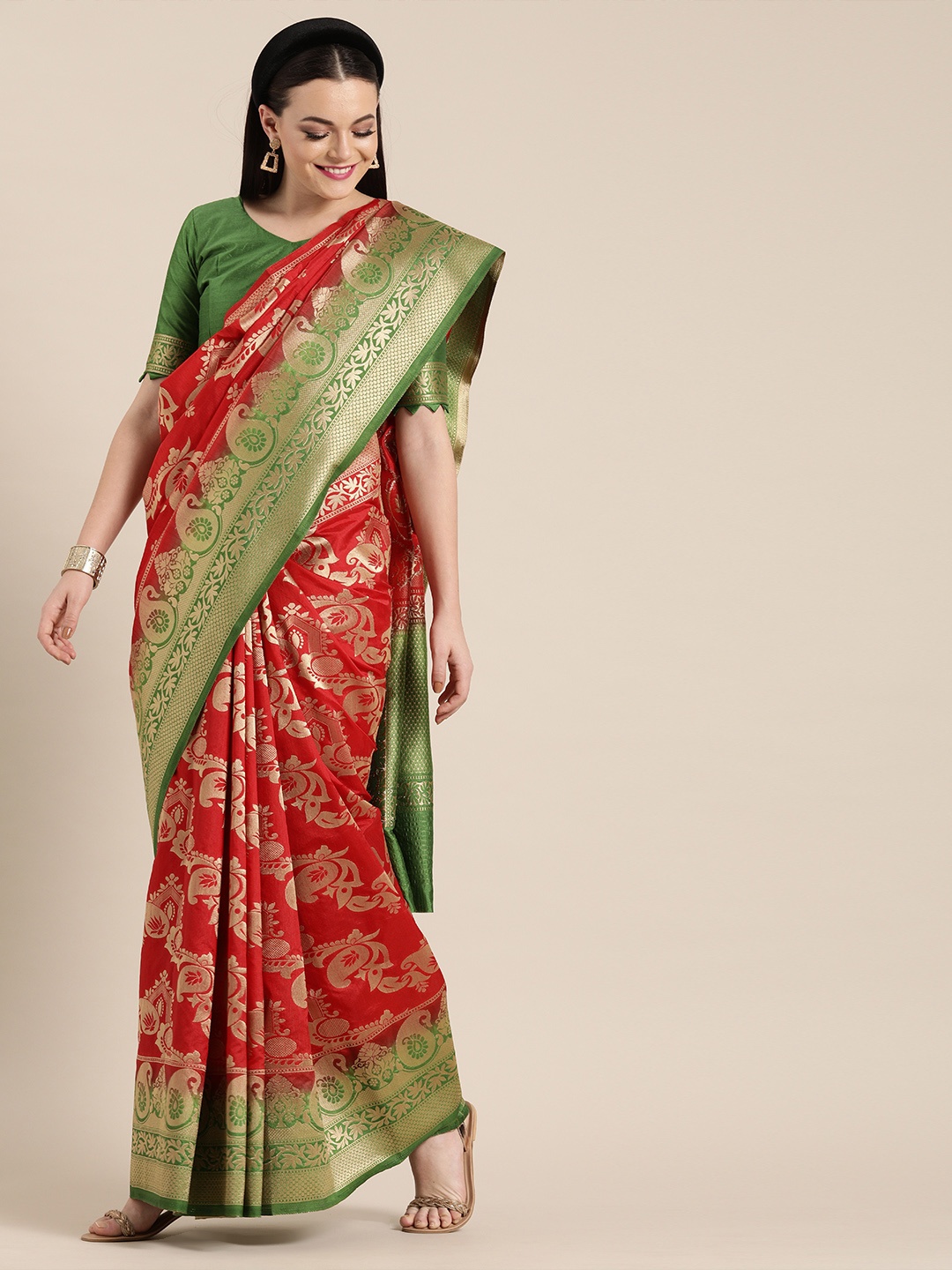 

Mitera Red & Green Silk Blend Woven Design Banarasi Saree