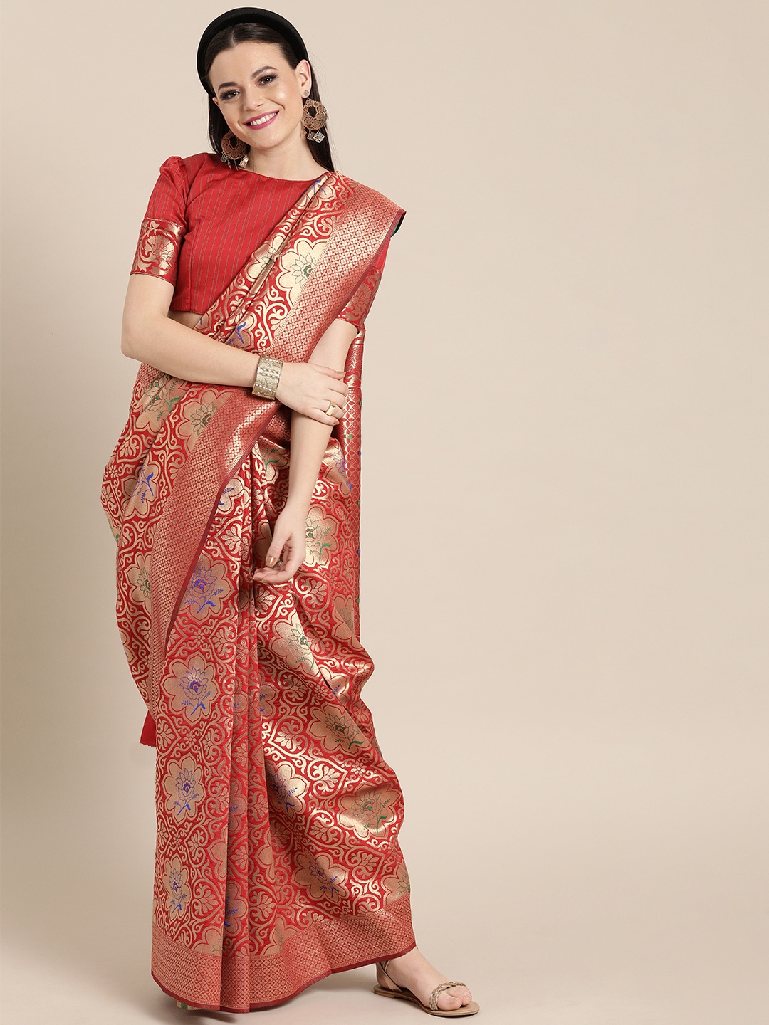 

Mitera Red & Gold-Toned Silk Blend Woven Design Banarasi Saree