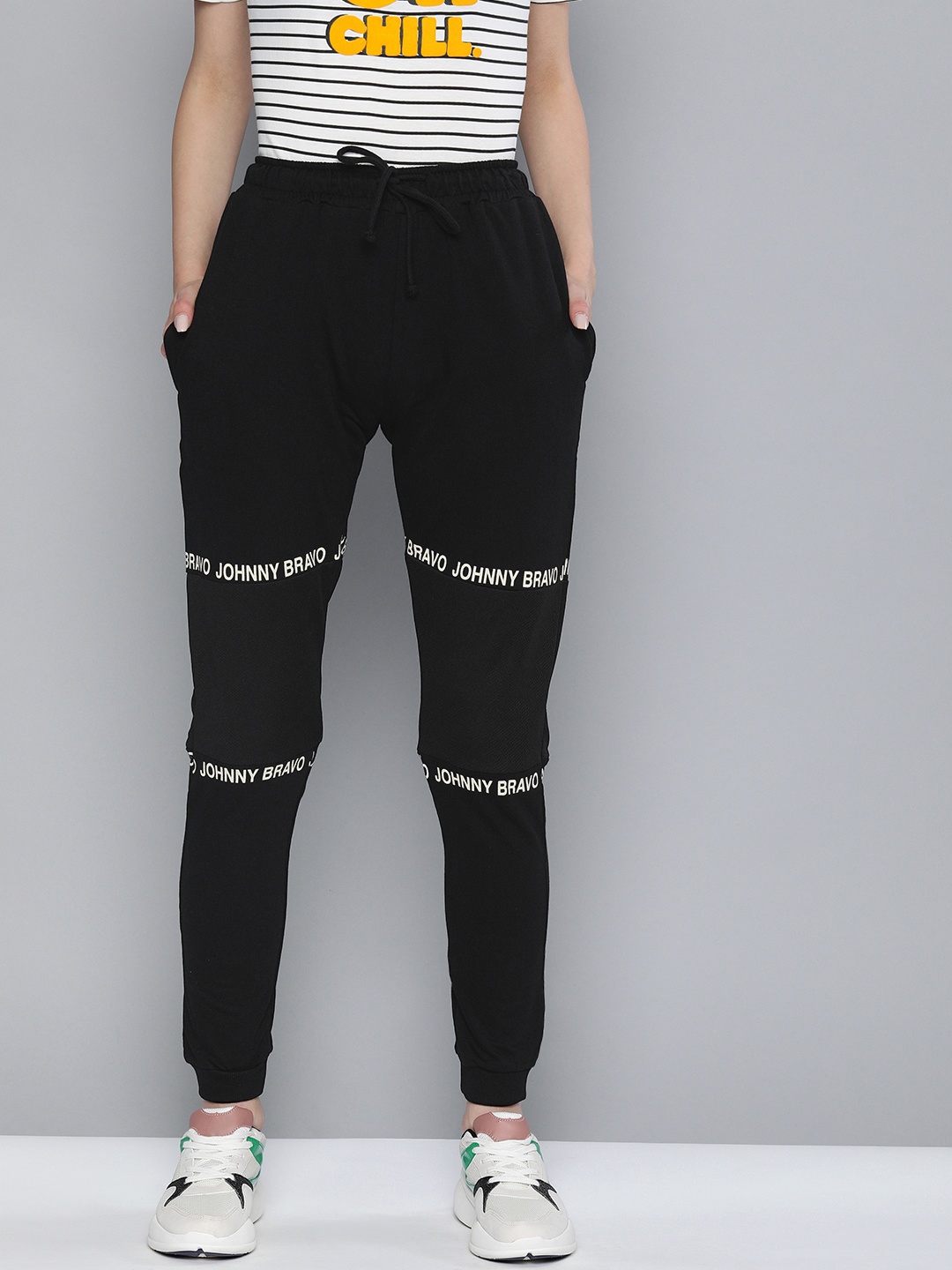 

Johnny Bravo by Kook N Keech Women Black Straight Fit Solid Joggers with Printed Detail