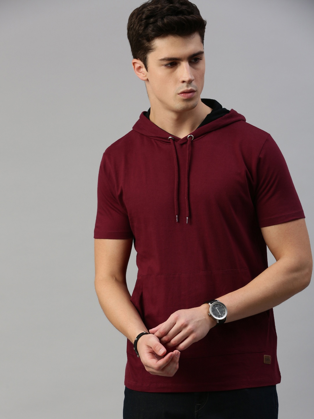 

Roadster Men Maroon Solid Hood Pure Cotton T-shirt