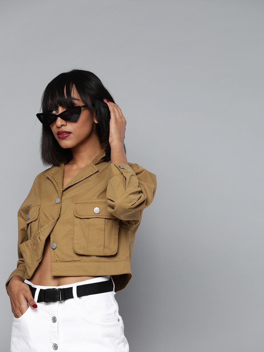 

Tokyo Talkies Women Khaki Brown Solid Tailored Crop Jacket