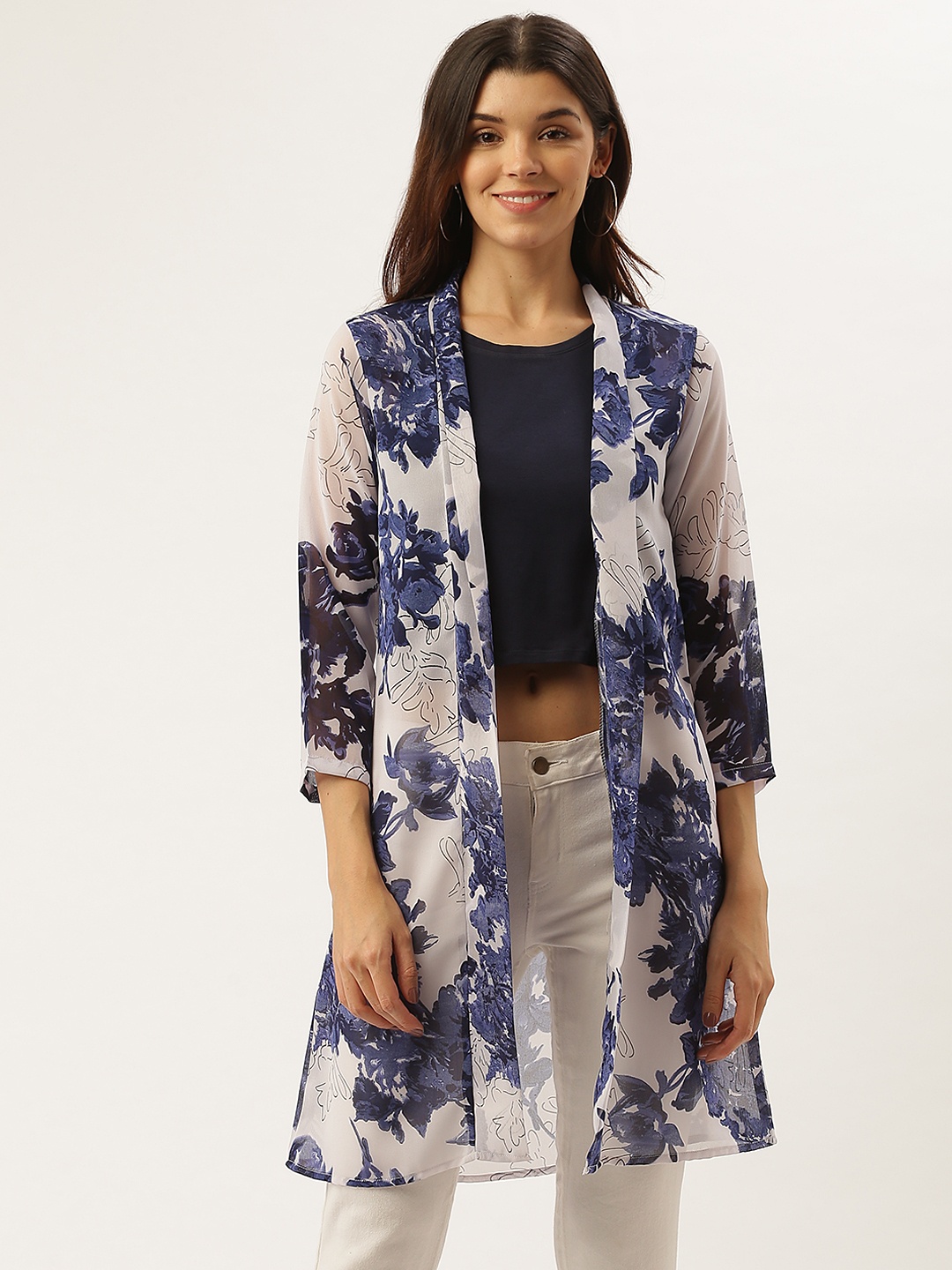 

Darzi Women Off-White & Blue Printed Semi-Sheer Longline Open Front Shrug