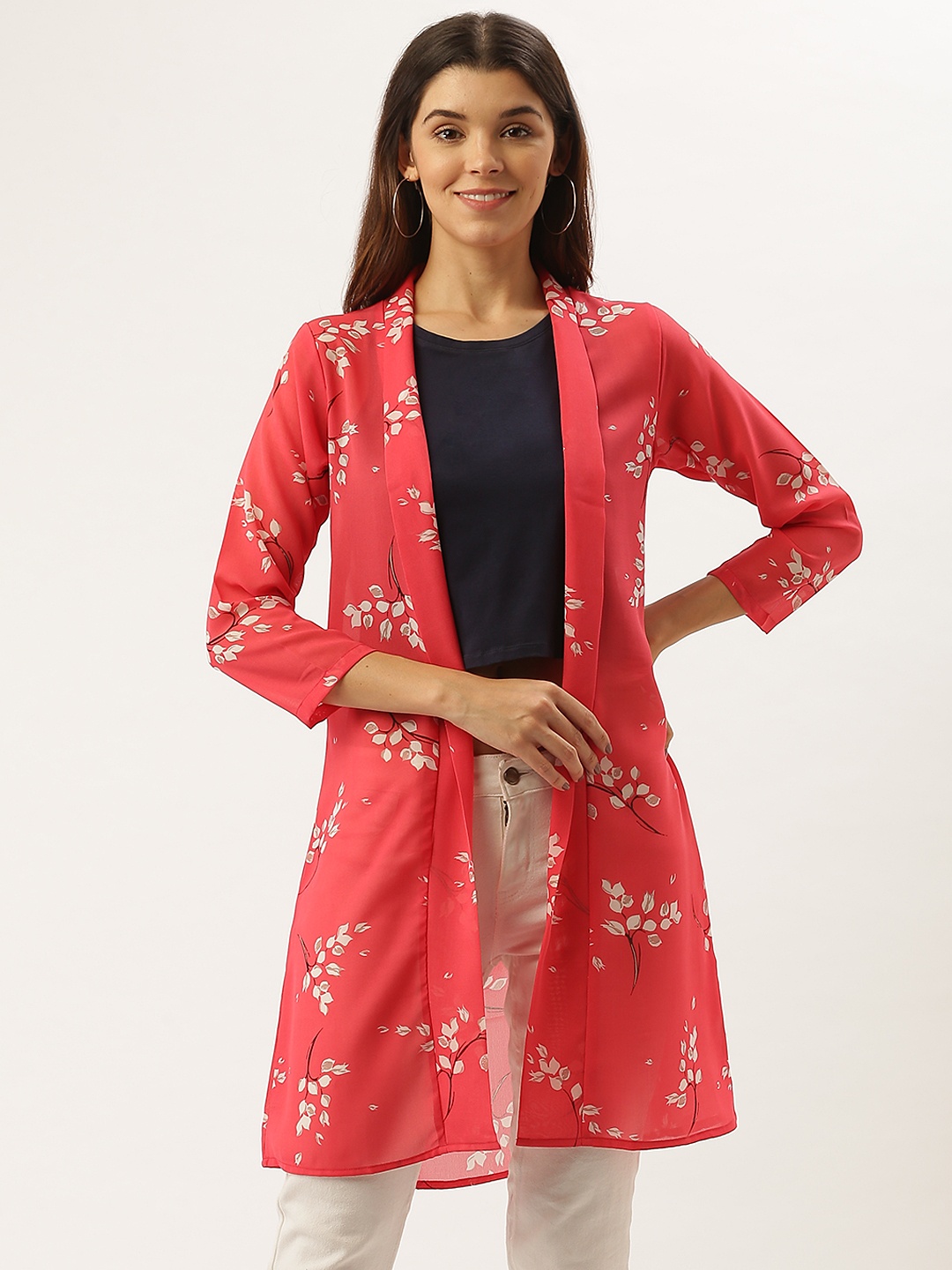 

Darzi Women Pink & Off-White Printed Semi-Sheer Open Front Shrug