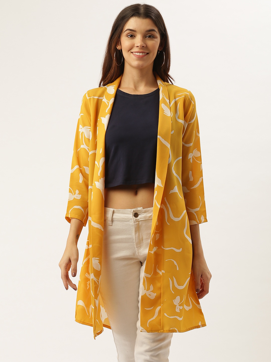 

Darzi Women Yellow & Off-White Printed Semi-Sheer Open Front Shrug