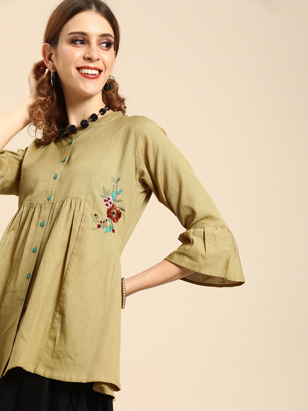 

Varanga Women Beige Solid Longline Shirt Style Top