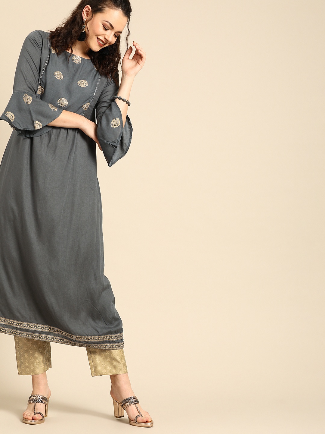 

Varanga Women Grey & Gold-Toned Solid A-Line Kurta Set With Foil Printed Detail