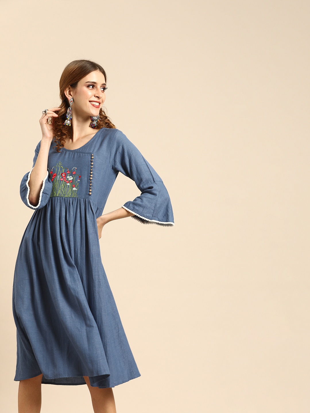 

Varanga Women Blue Floral Embroidered A-Line Dress
