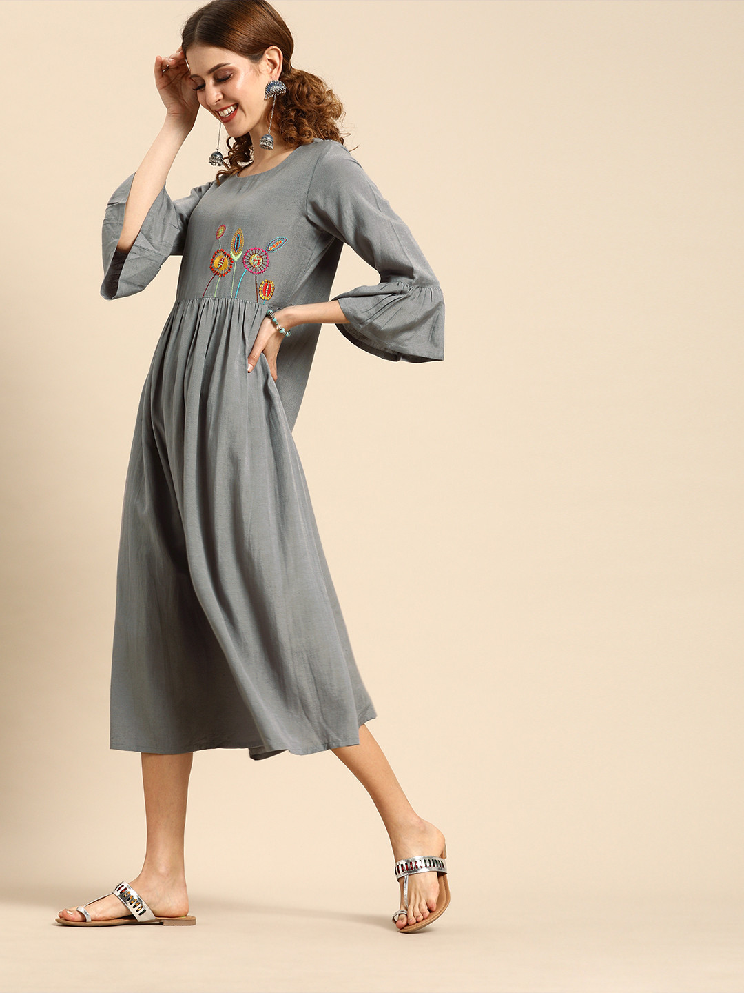 

Varanga Women Grey Solid A-Line Dress with Embroidered Detail