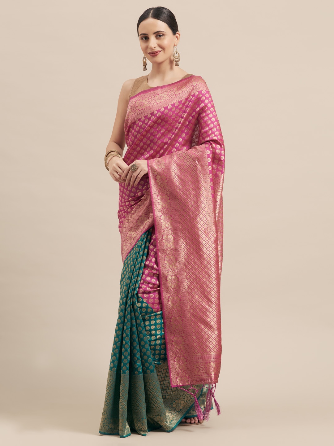 

Mitera Pink & Green Art Silk Woven Design Half & Half Banarasi Saree