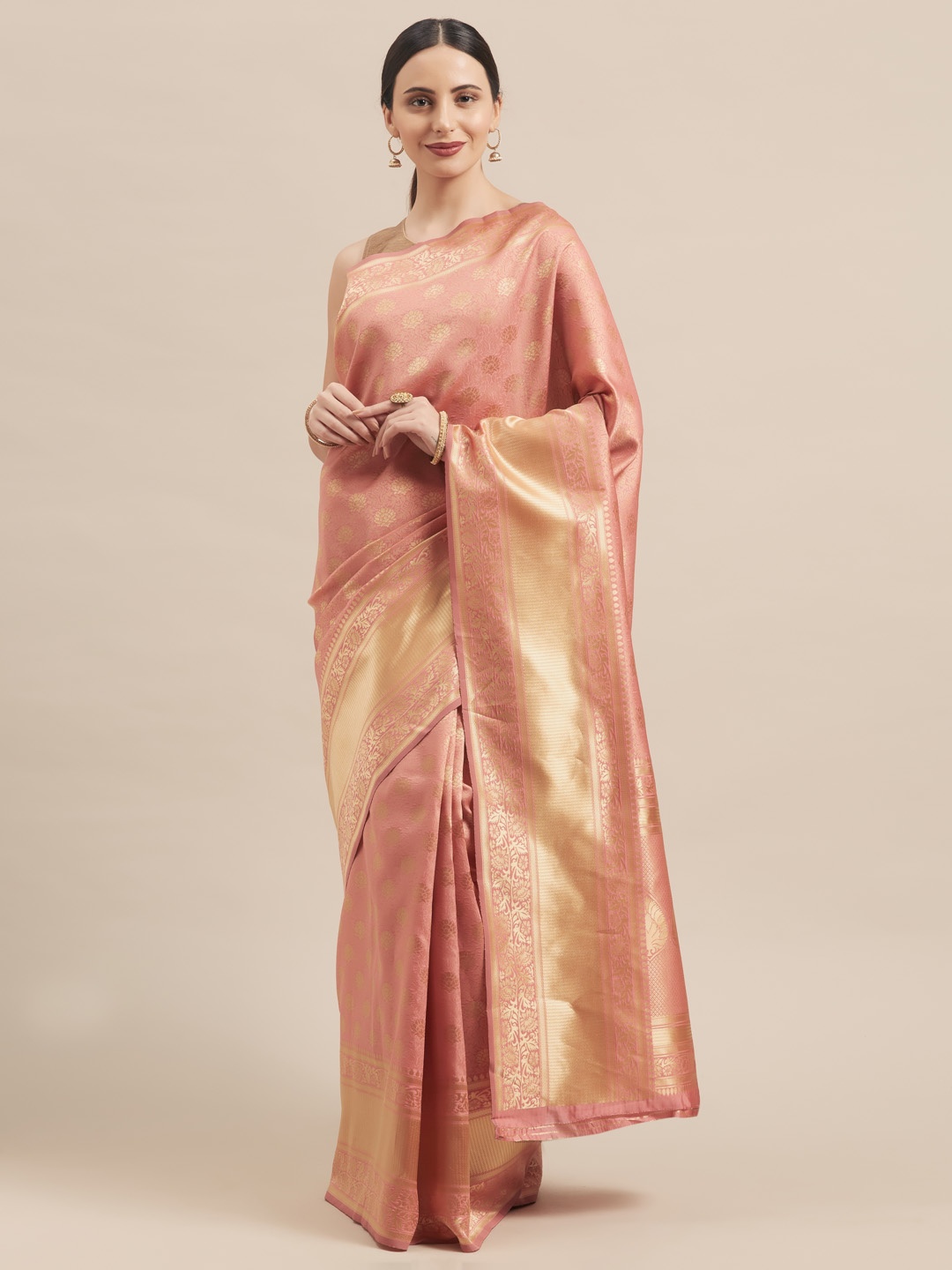 

Mitera Peach-Coloured & Gold-Toned Art Silk Woven Design Banarasi Saree