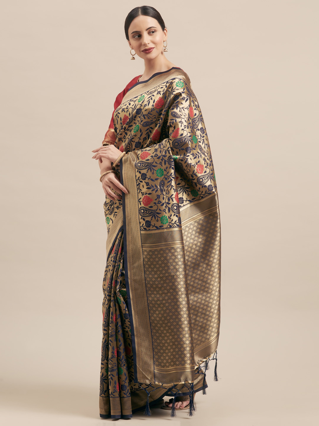 

Mitera Navy Blue & Red Art Silk Woven Design Banarasi Saree