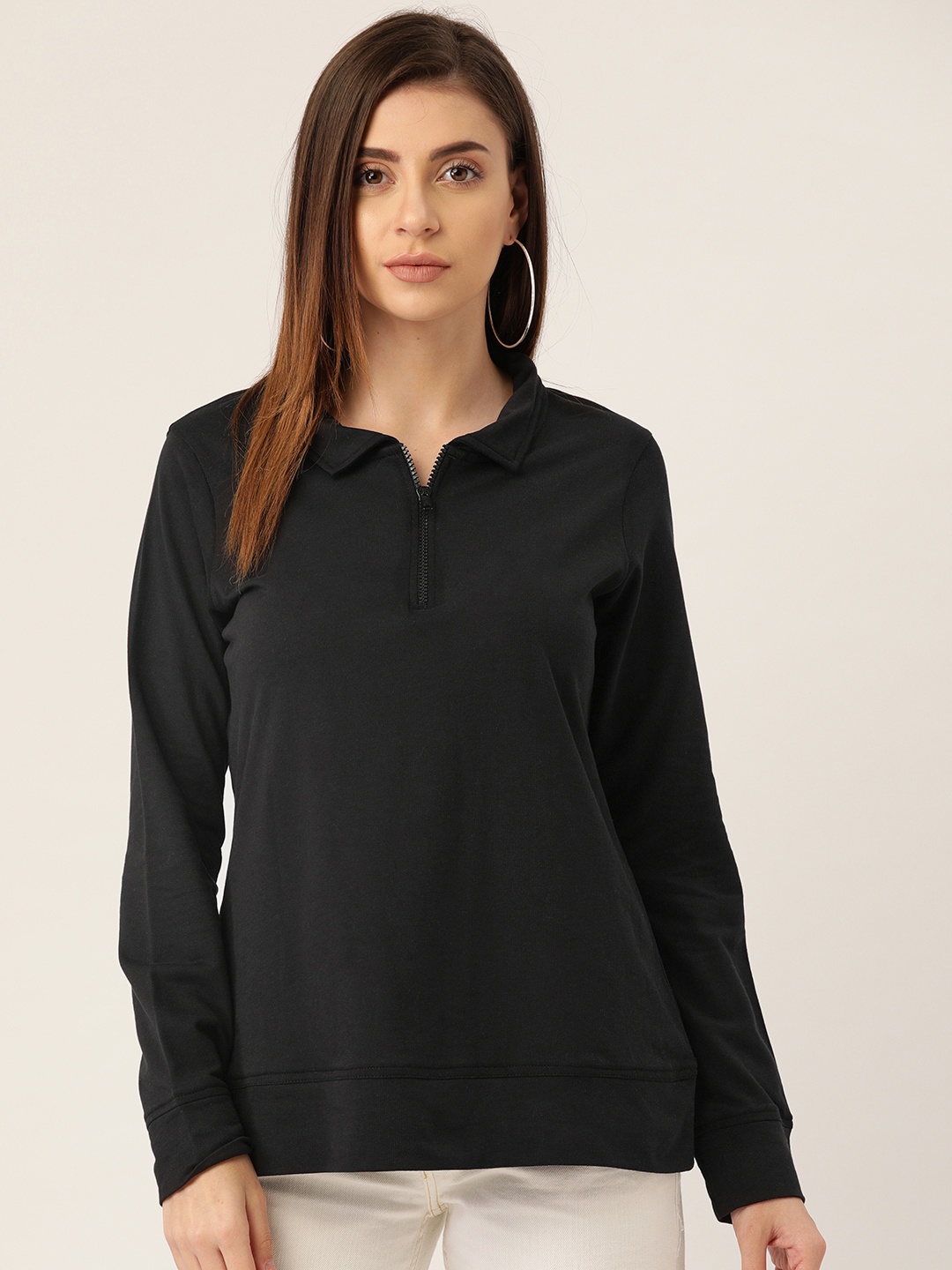 

Rute Women Black Solid Polo Collar T-shirt