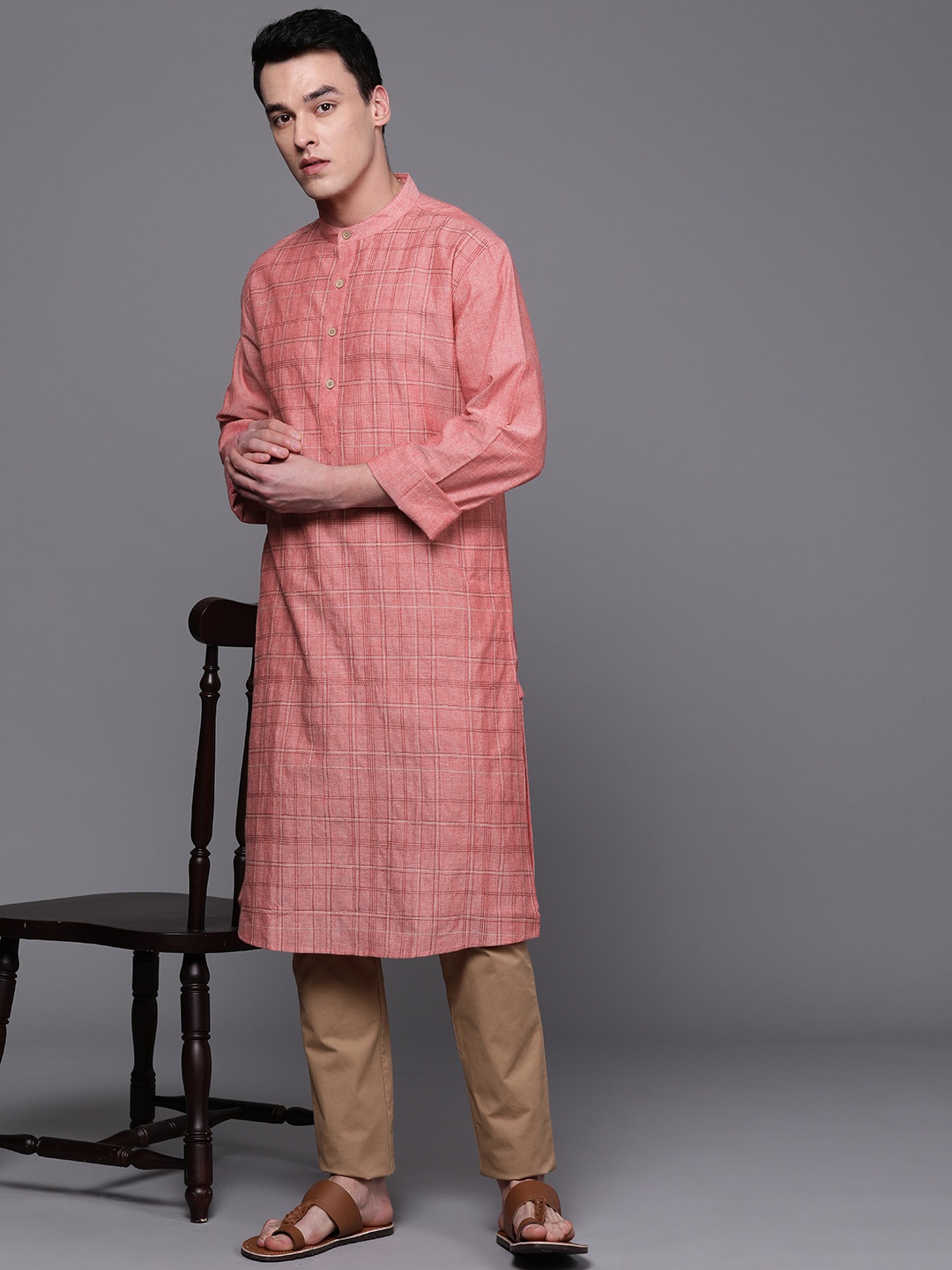 

Fabindia Men Rust Red Checked Straight Kurta
