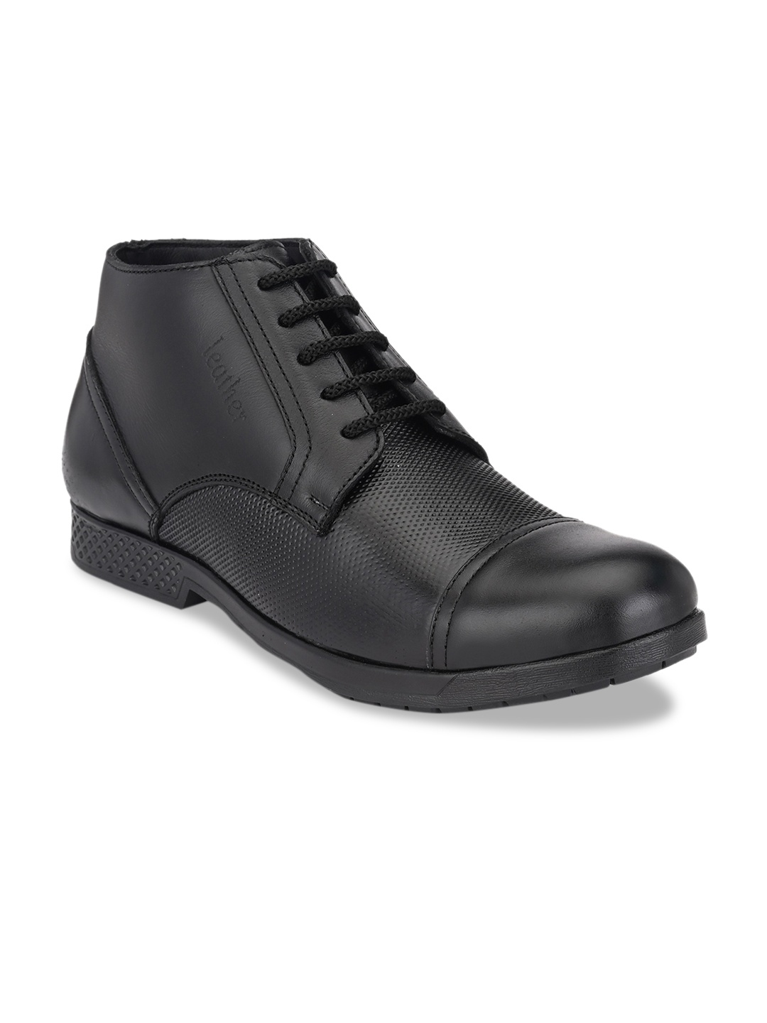 

John Karsun Men Black Solid Leather Mid-Top Flat Boots