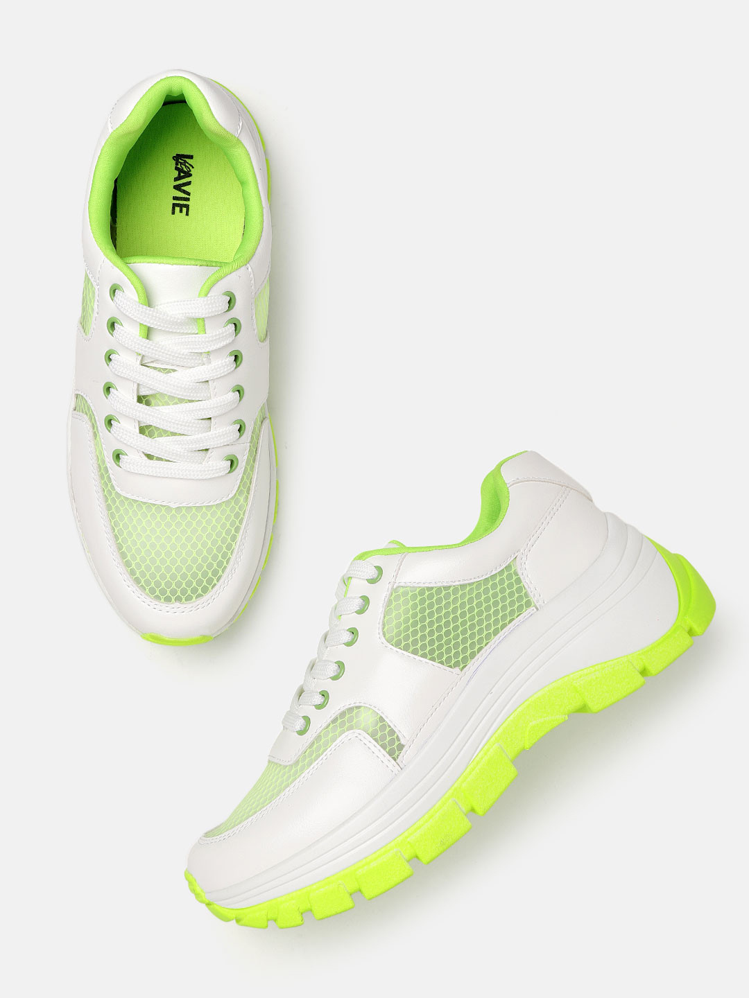 

Lavie Women White & Fluorescent Green Colourblocked Sneakers