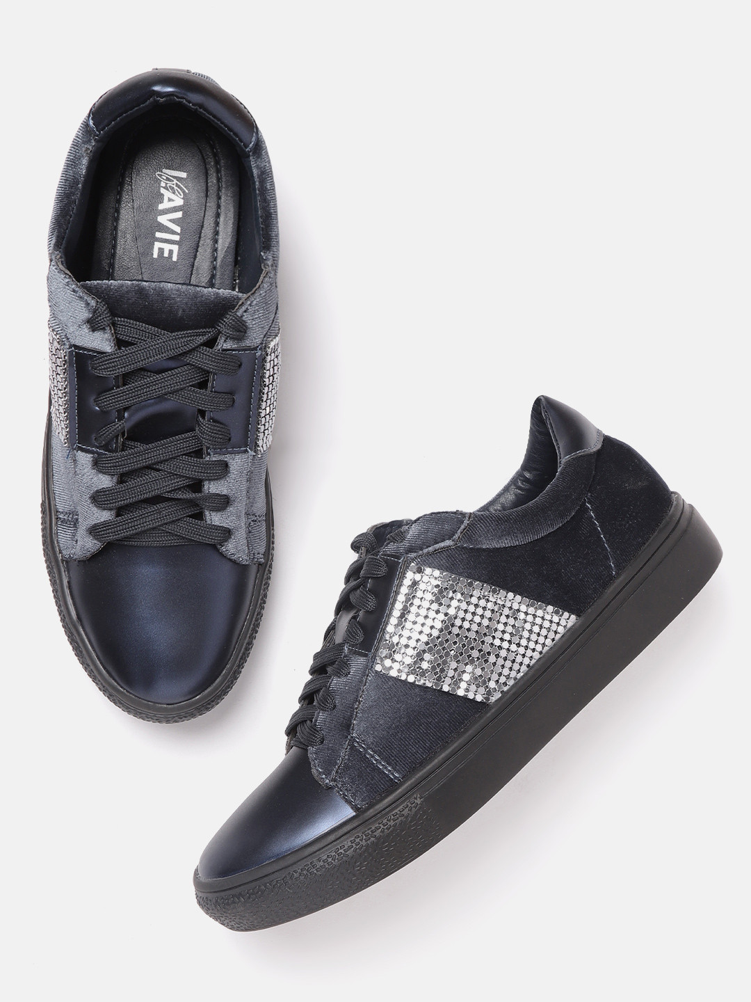 

Lavie Women Navy Blue & Silver-Toned Embellished Sneakers with Velvet Finish