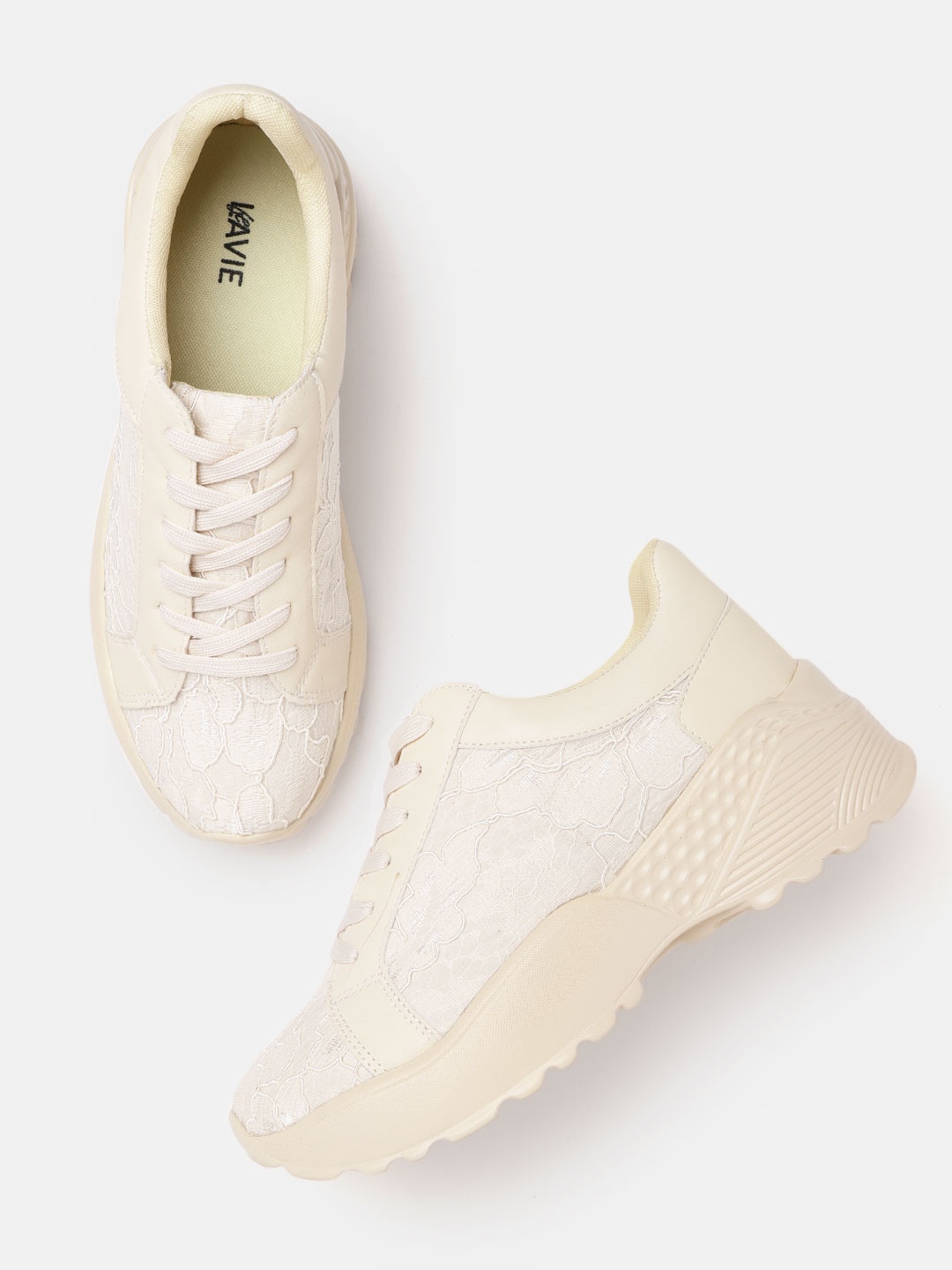 

Lavie Women Cream-Coloured Lace Flatform Sneakers