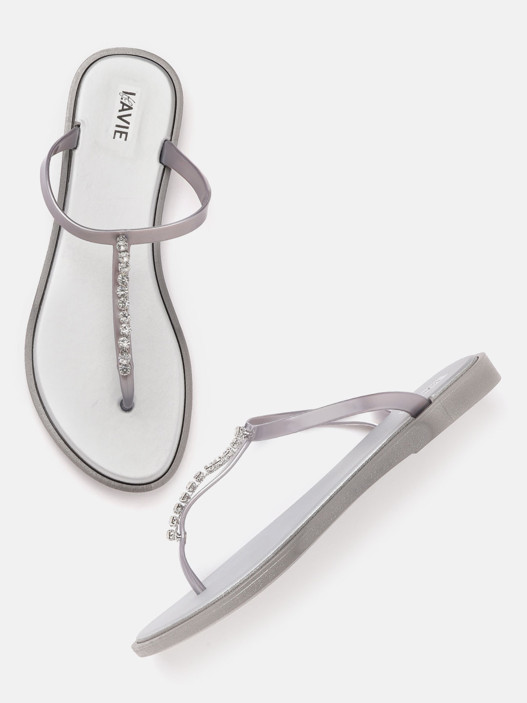 

Lavie Women Grey Embellished T-Strap Flats