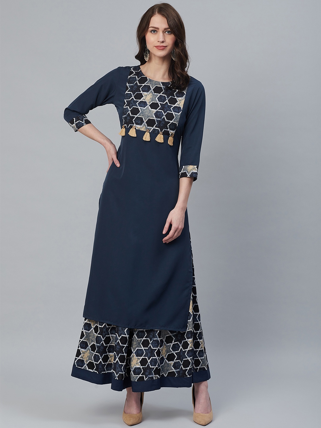 

Azira Women Navy Blue & Beige Yoke Design Kurta with Palazzos