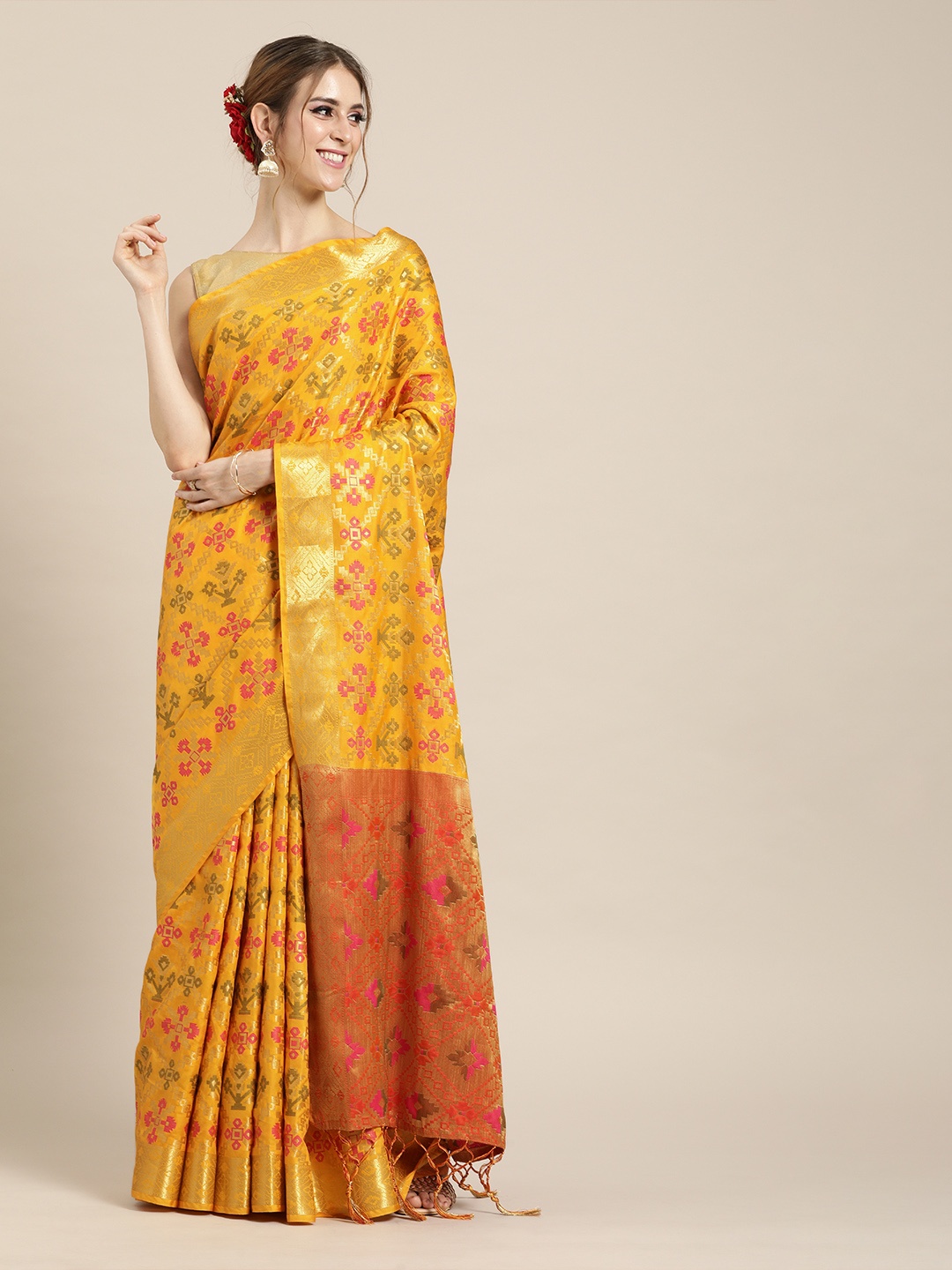 

Mitera Yellow Silk Blend Woven Design Kanjeevaram Saree