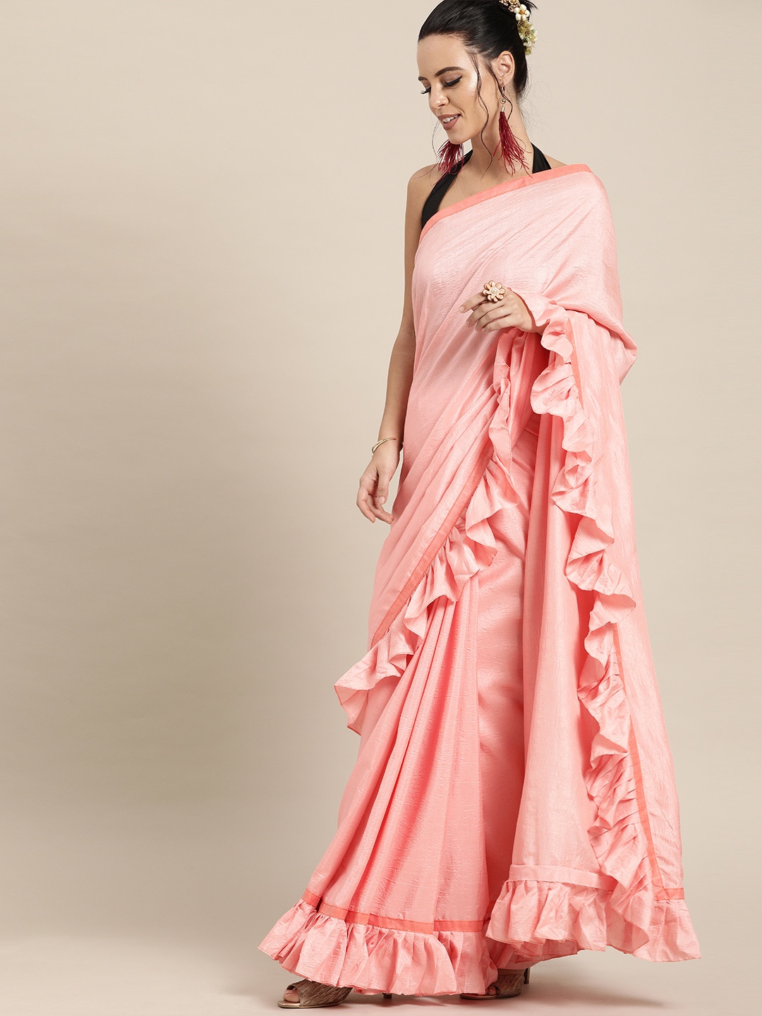

Mitera Pink & Brown Silk Blend Solid Saree With Ruffles