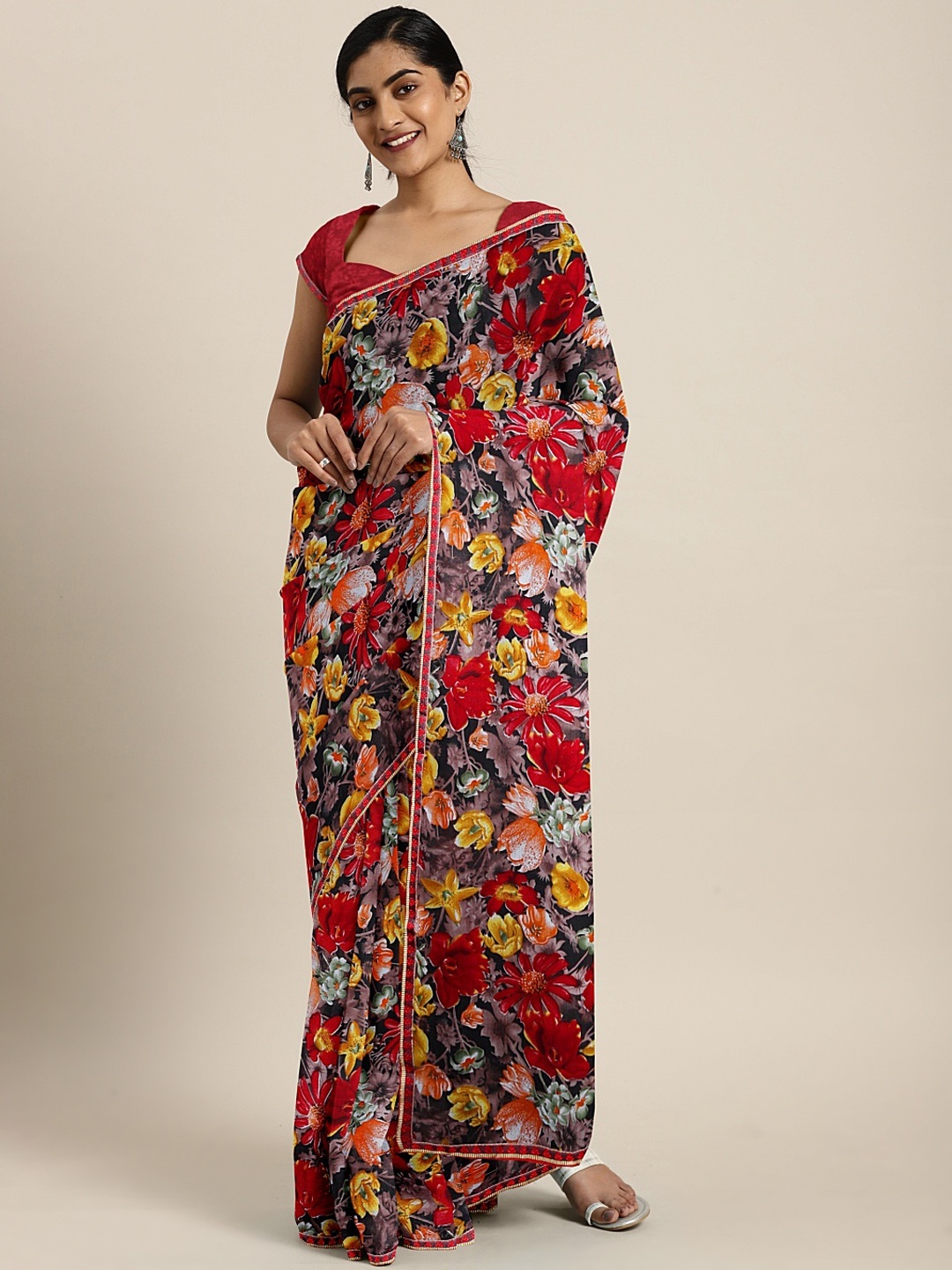 

Triveni Red & Yellow Pure Chiffon Printed Saree