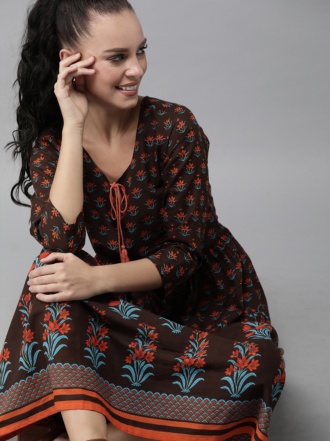 

Indo Era Women Brown & Orange Printed A-Line Dress
