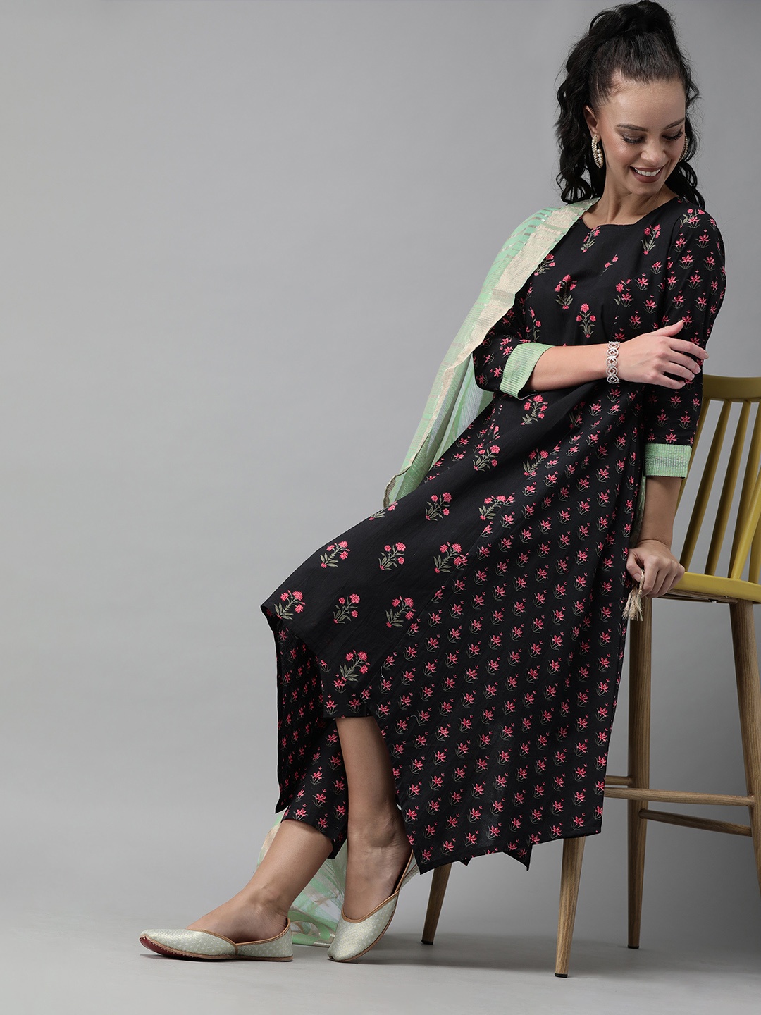 

Indo Era Women Black & Pink Printed Kurta with Trousers & Dupatta