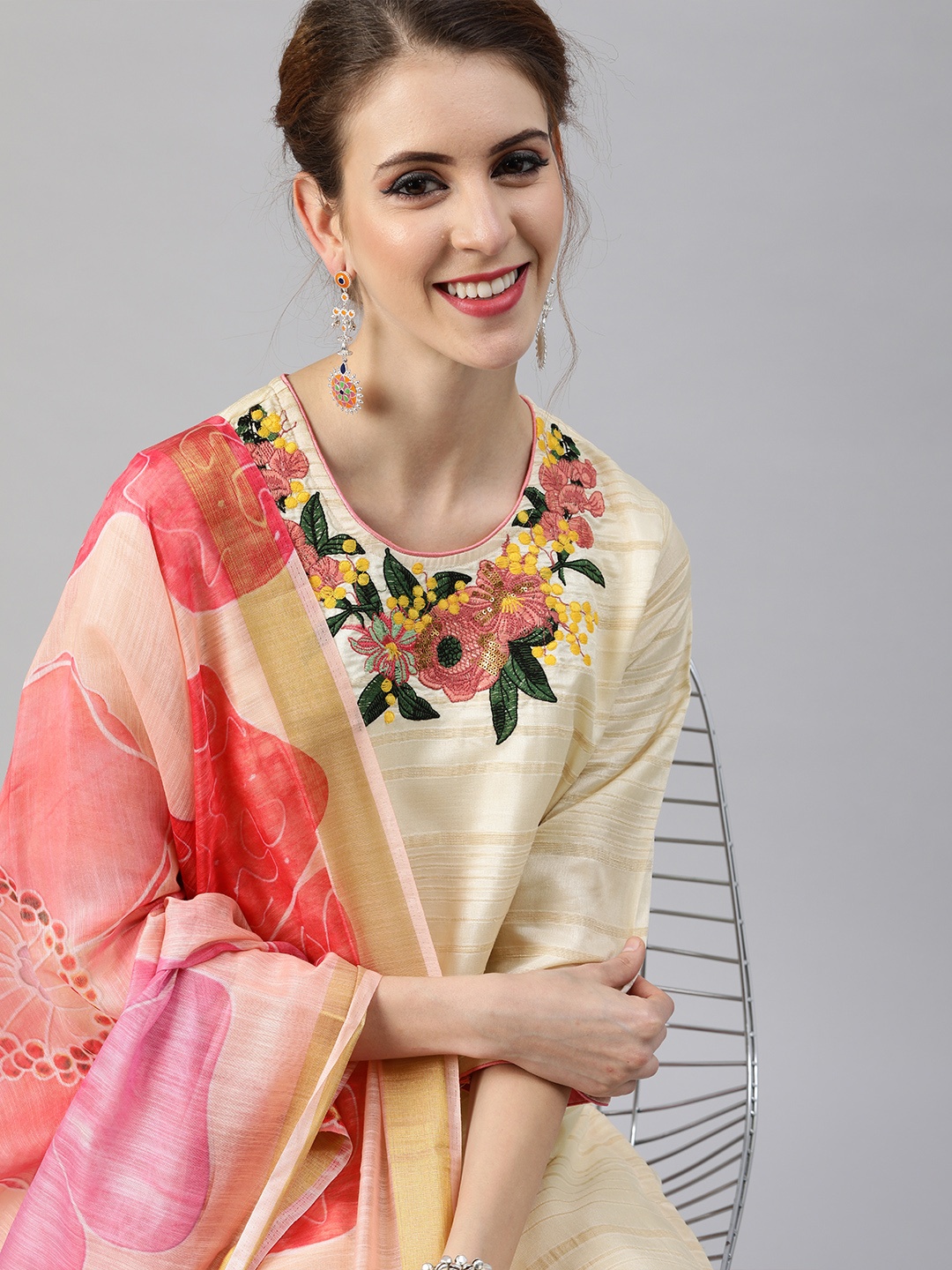 

Indo Era Women Cream-Coloured Embroidered Kurta with Palazzos & Dupatta