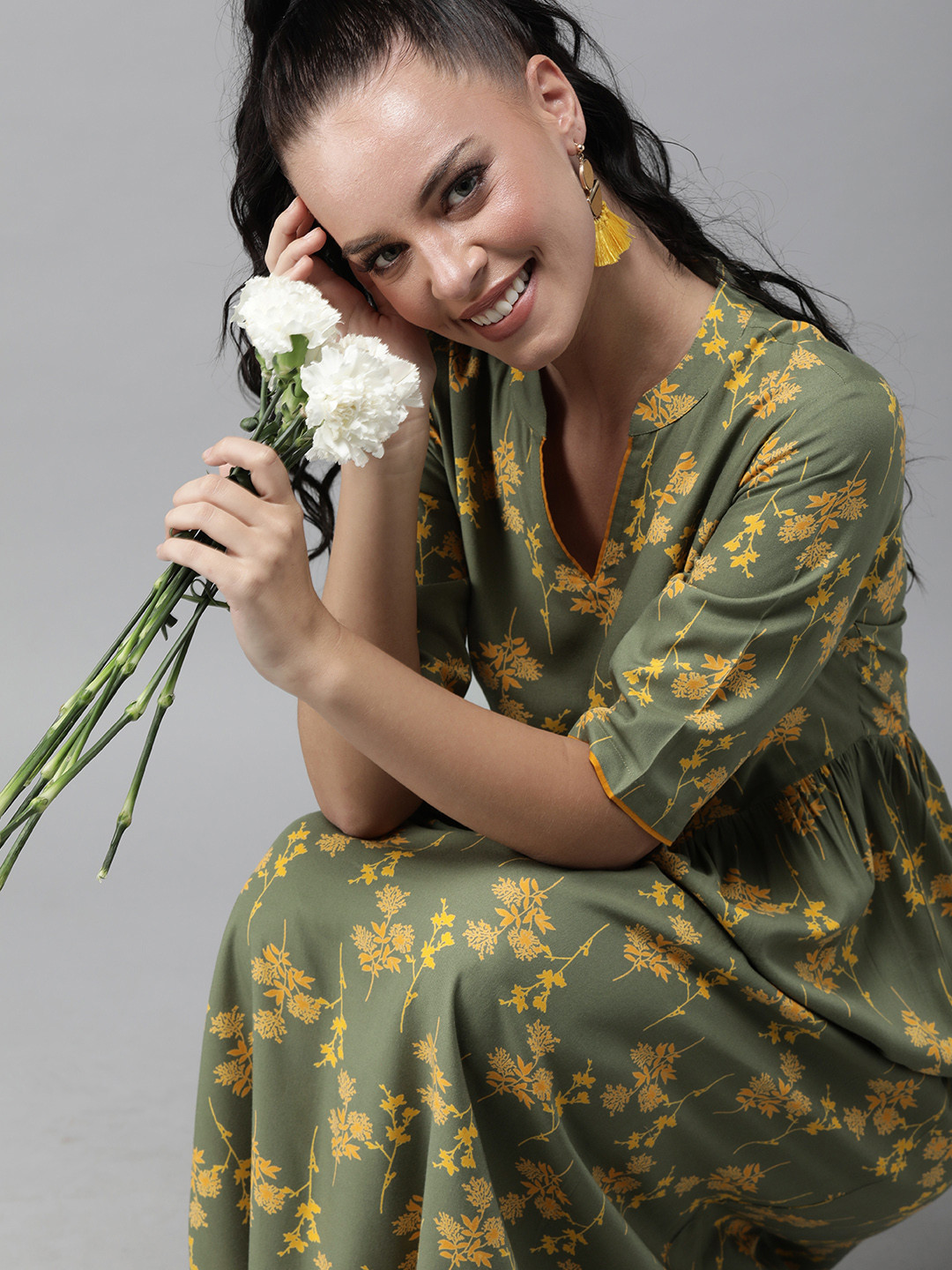 

Indo Era Women Olive Green & Mustard Yellow Printed Fit and Flare Dress