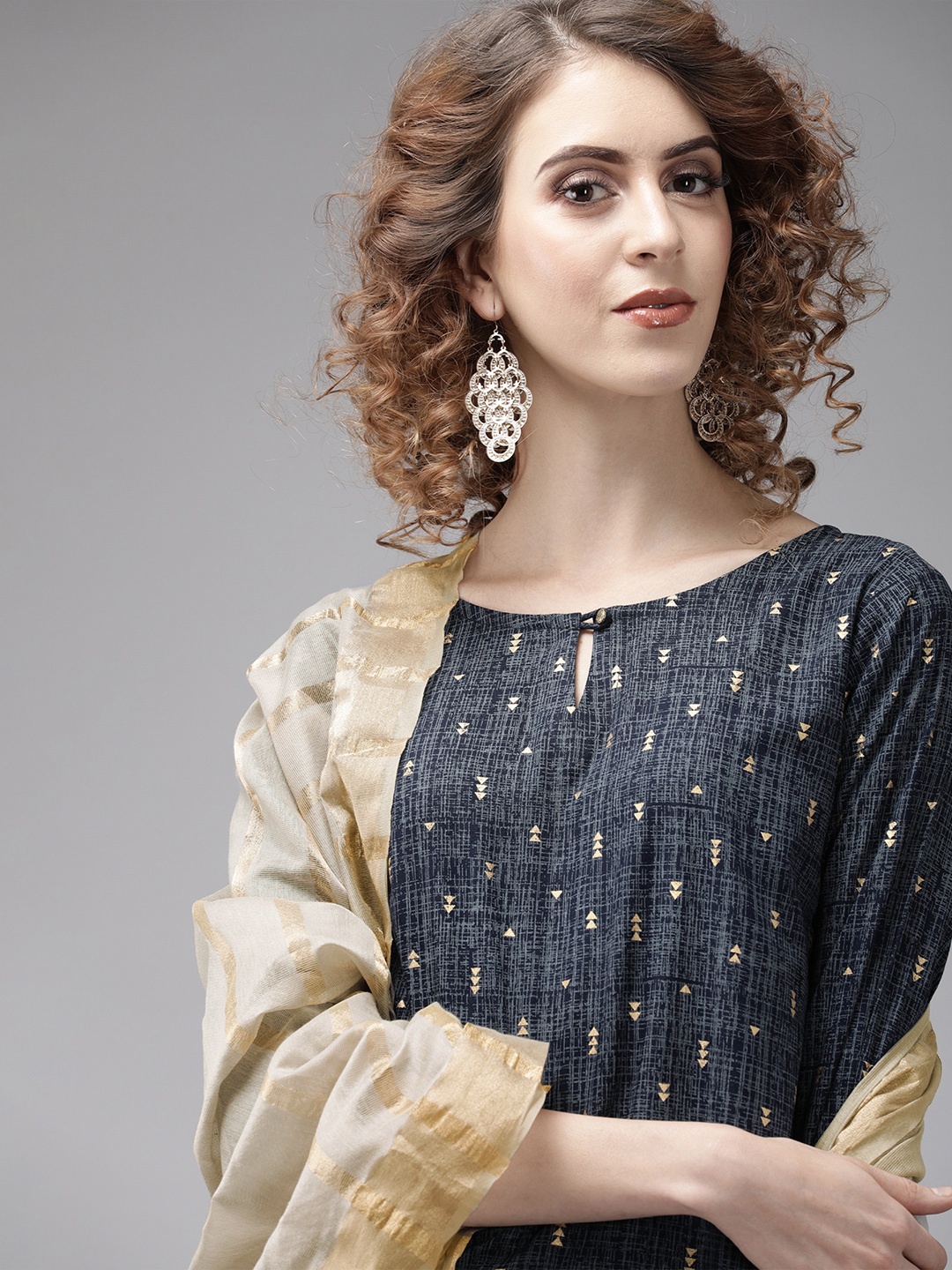 

Indo Era Women Navy Blue & Grey Solid Kurta with Palazzos & Dupatta