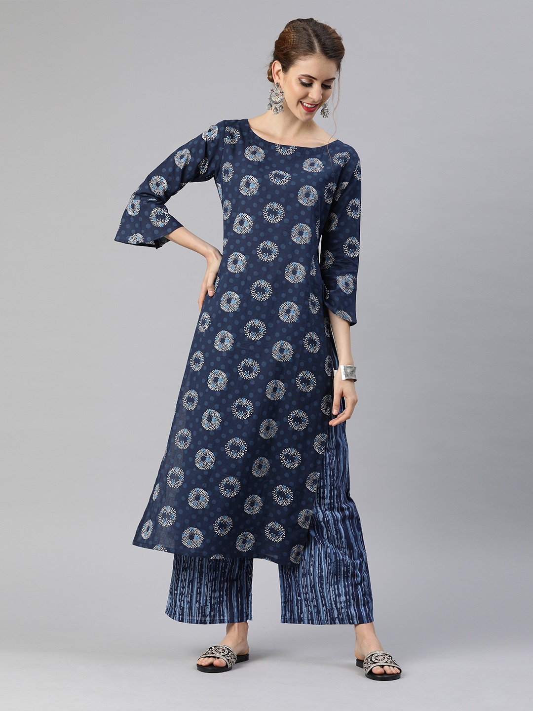 

Indo Era Women Blue & White Printed Kurta with Palazzos