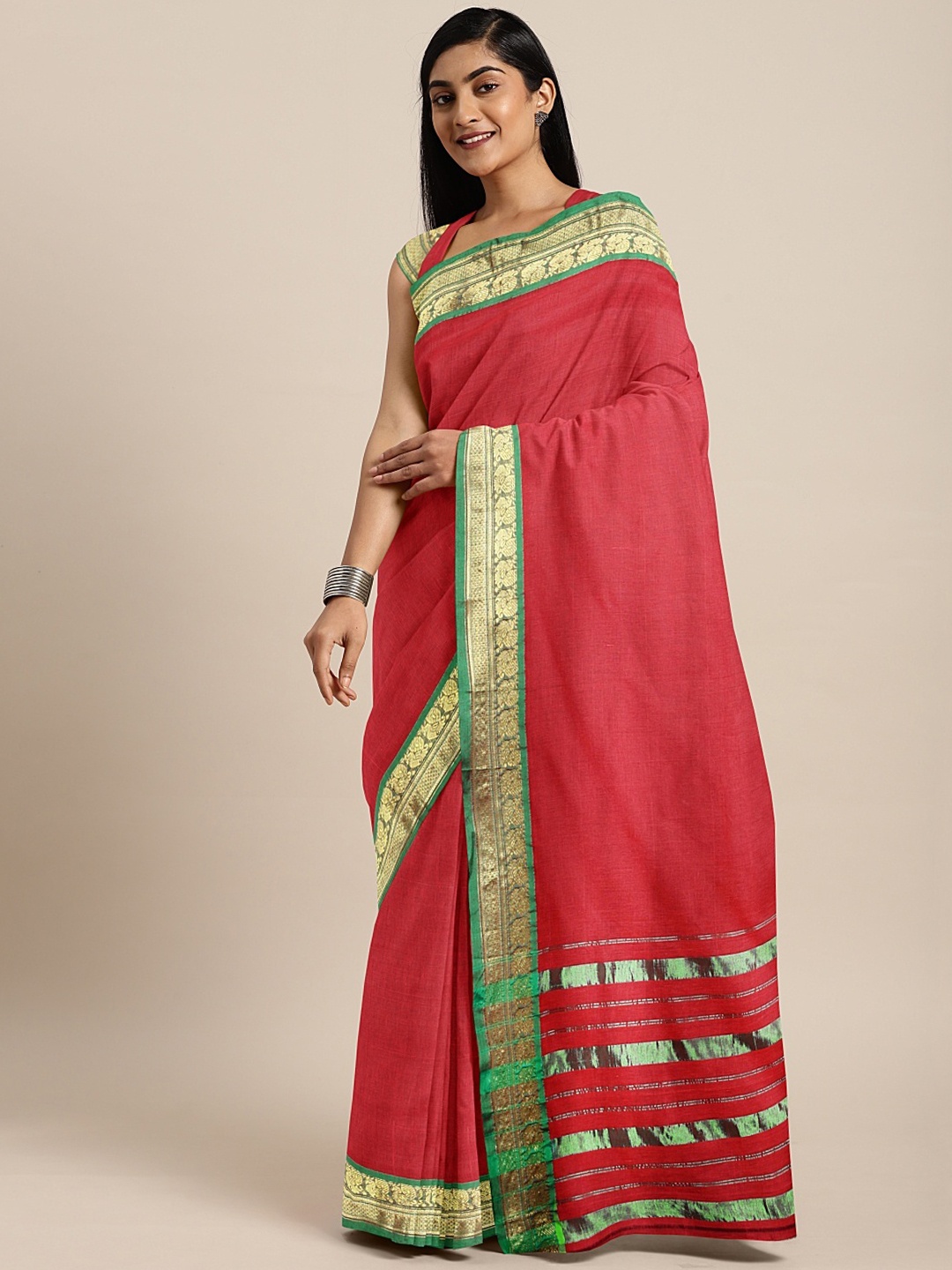 

Pavechas Red Pure Cotton Solid Venkatgiri Saree